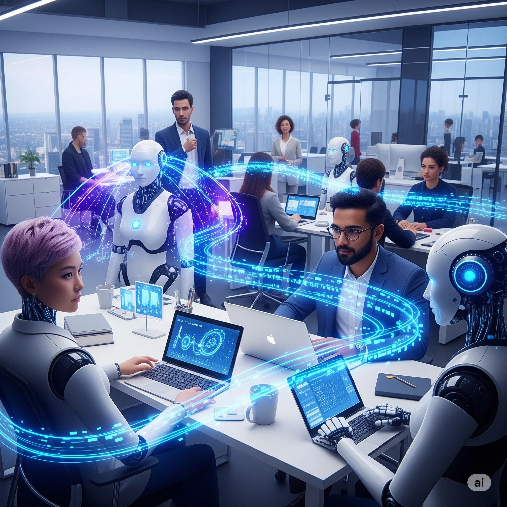 A dynamic, futuristic office environment where humans and AI robots collaborate seamlessly, with glowing data streams connecting them, symbolizing the evolving nature of work.