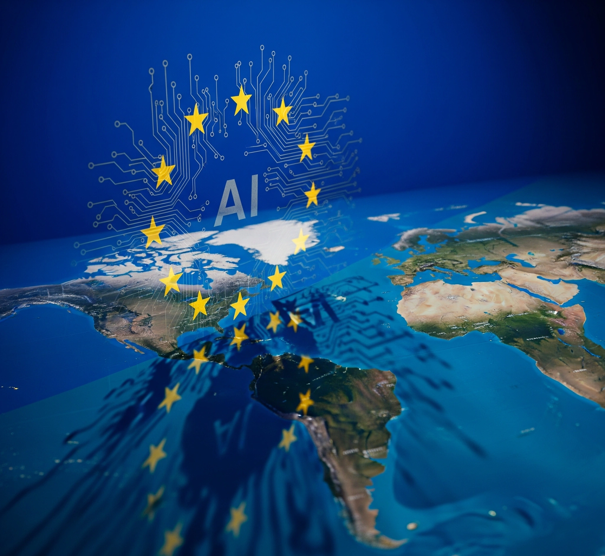 Symbolic image of the EU flag with circuit patterns casting a shadow over a global map, representing the far-reaching impact of the EU AI Act on global tech companies.