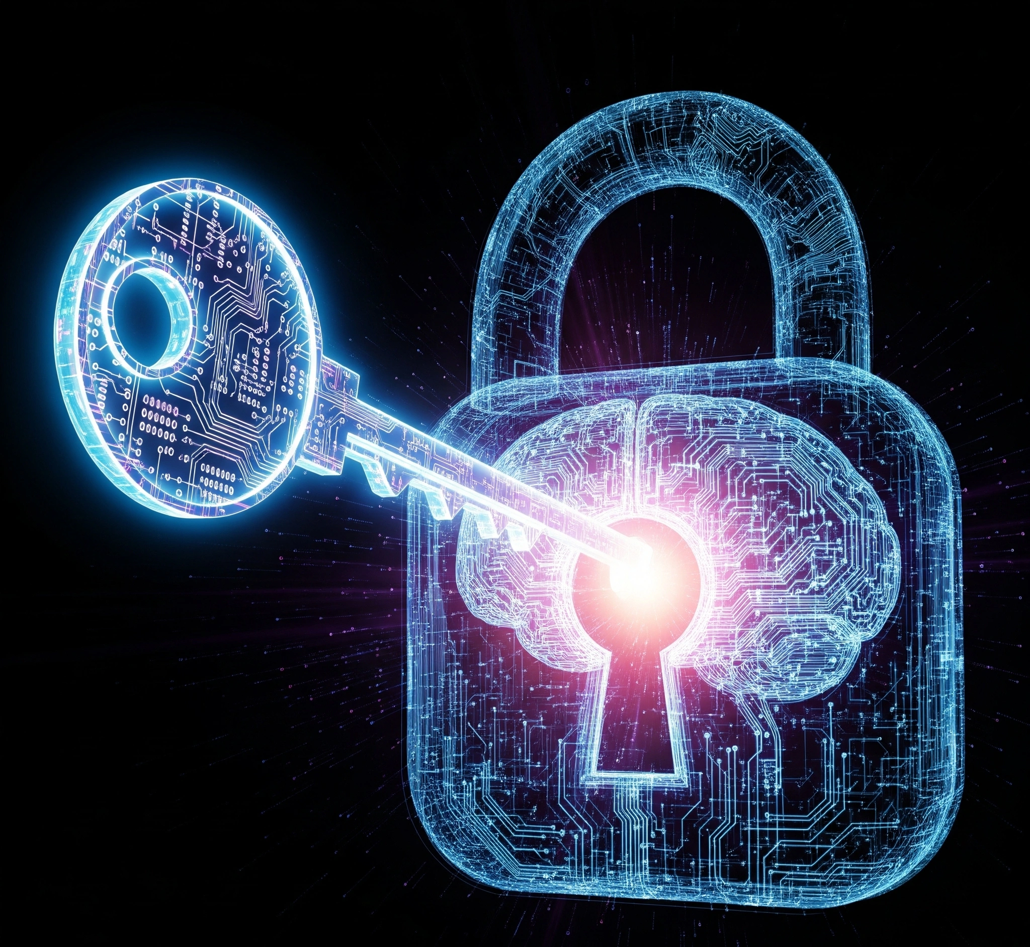 Metafora untuk bagaimana komputasi kuantum membuka potensi AI. Sebuah kunci kuantum bercahaya yang pas dengan gembok berbentuk otak digital yang rumit, melambangkan bagaimana komputasi kuantum dapat membuka ke