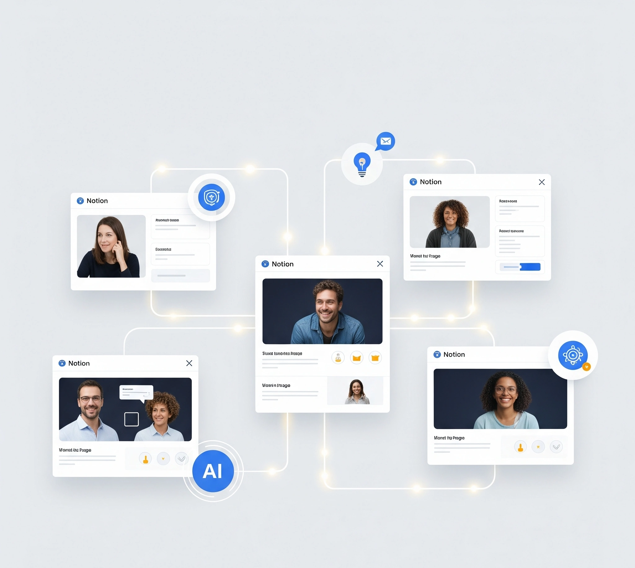 A symbolic image of a clean, organized digital workspace with Notion pages and AI elements seamlessly integrated. Glowing lines connect different tools and ideas, representing streamlined workflow and enhanced