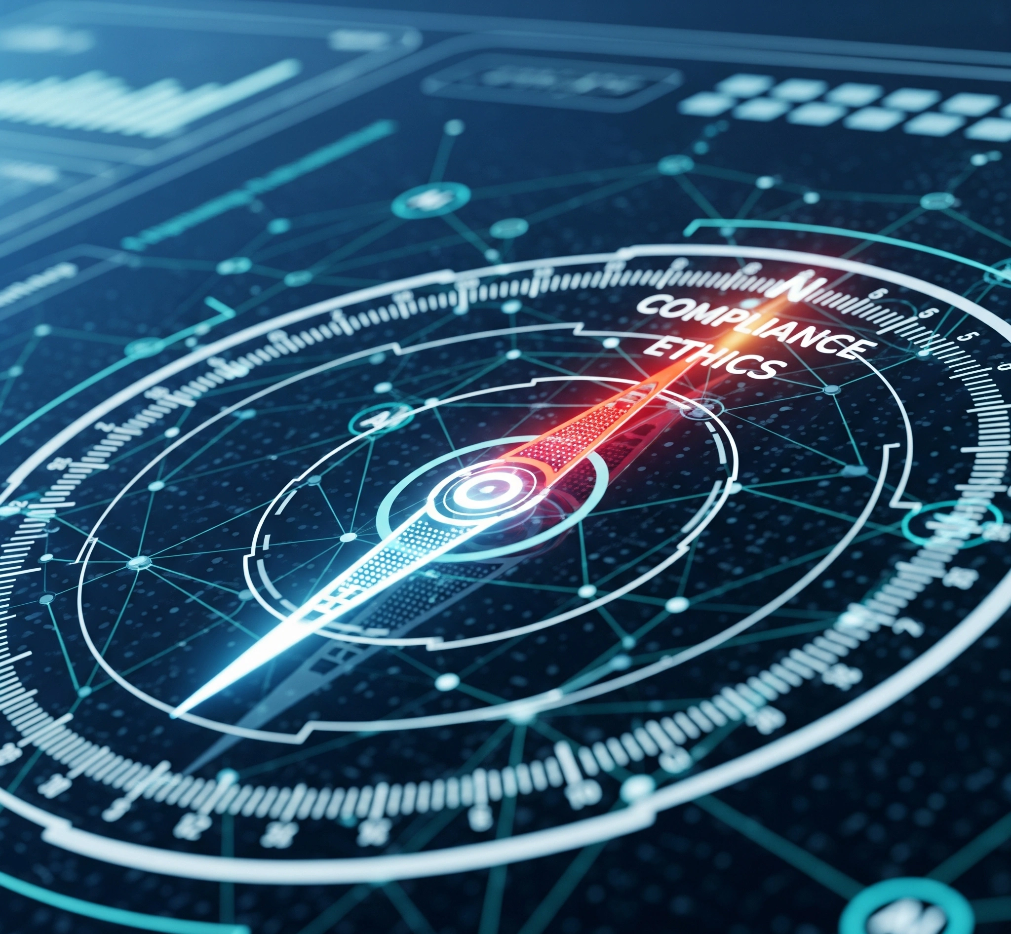 A stylized digital compass with a glowing needle pointing towards 'Compliance' and 'Ethics' on a complex, interconnected network of AI systems. The background is a futuristic, clean interface, symbolizing stra