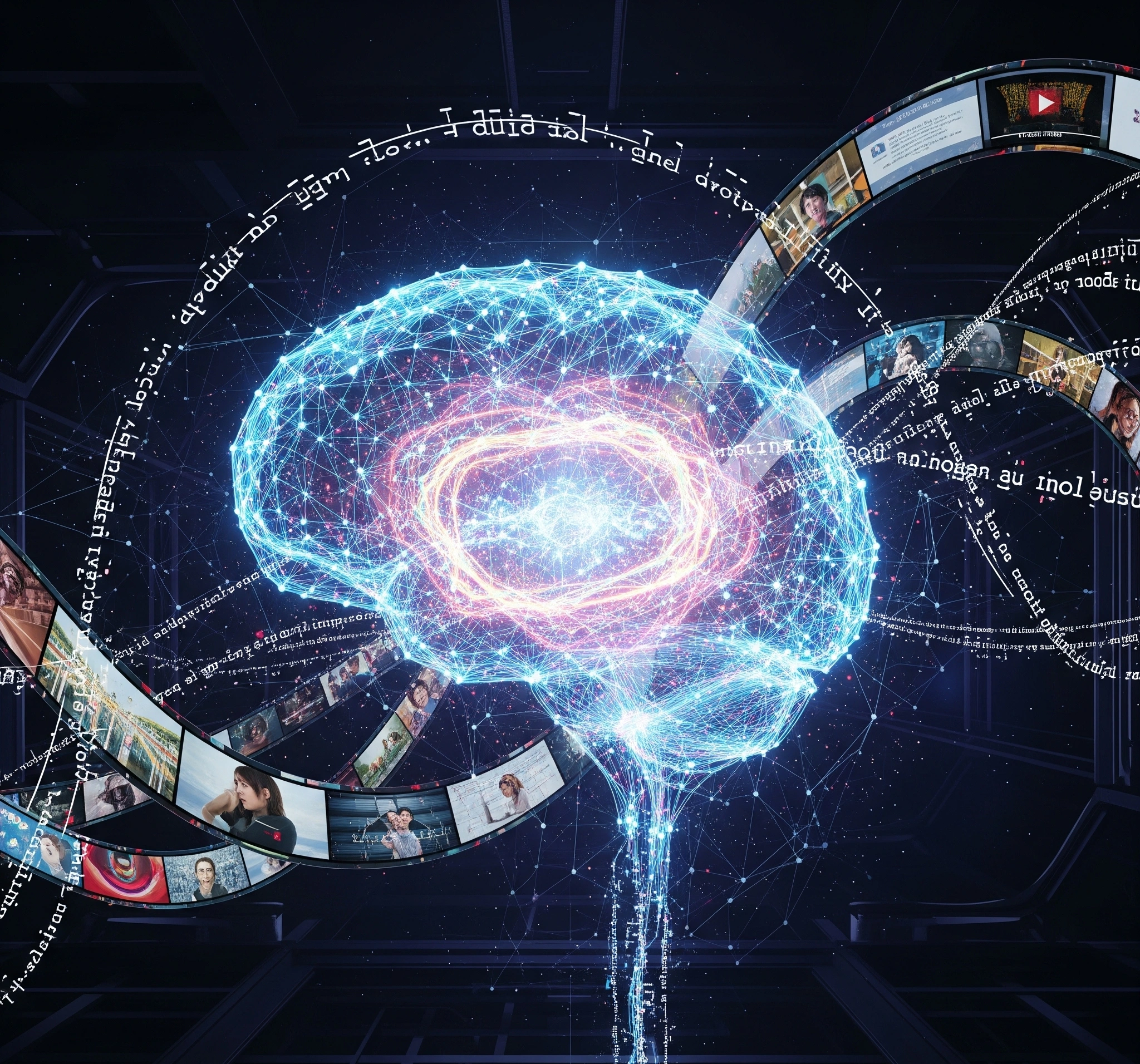 An artistic and symbolic image representing the text-to-video AI revolution. A glowing digital brain structure is intertwined with flowing lines of text transforming into dynamic video frames, symbolizing AI's