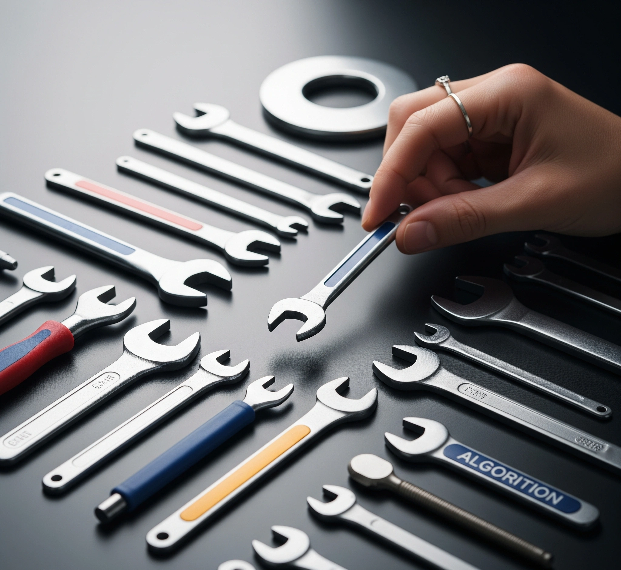 Metaphor for selecting the right machine learning algorithm. A diverse set of tools (representing different algorithms) laid out, with a hand picking the most suitable one for a specific, intricate task, symbo