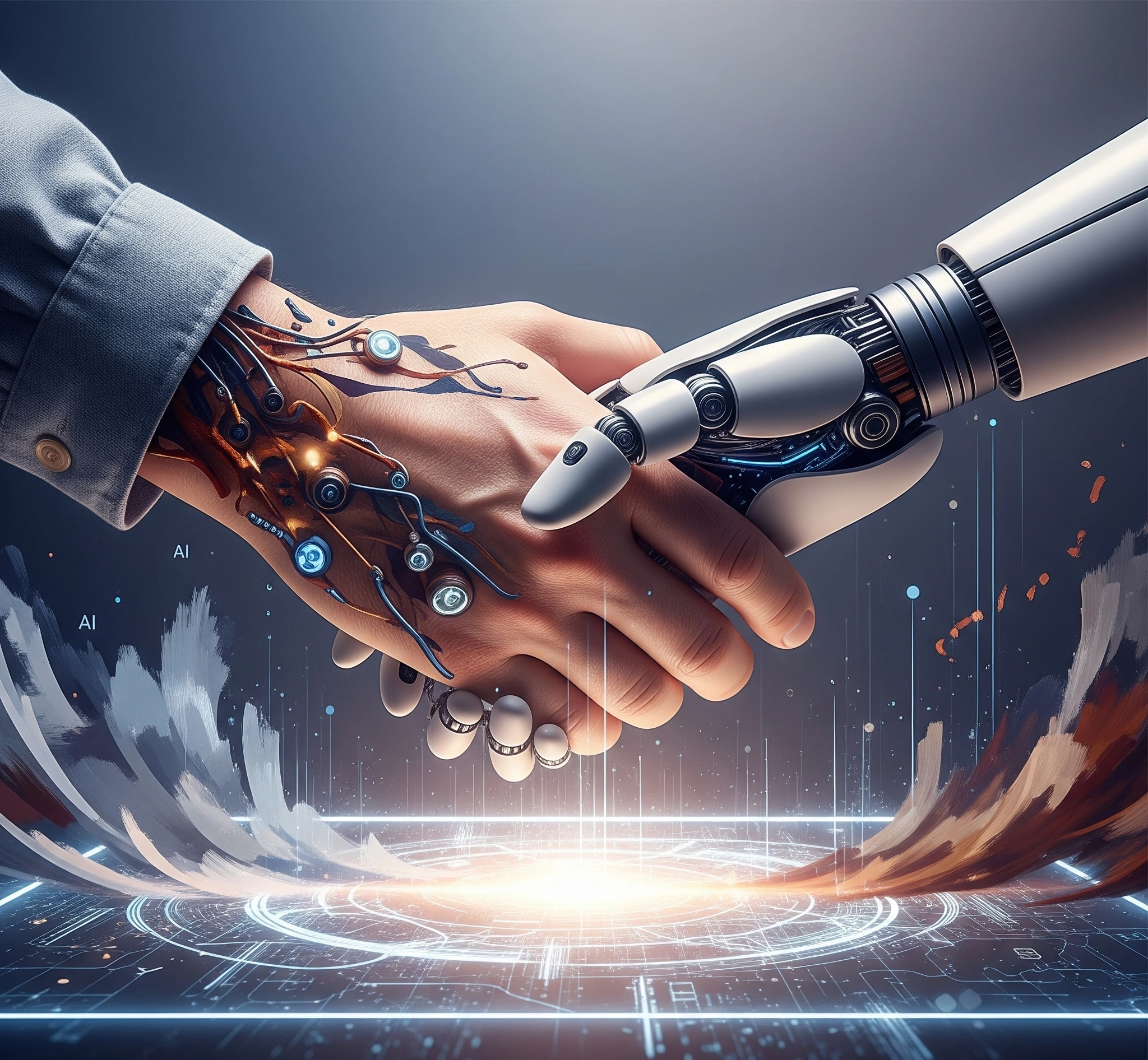 A symbolic image of two hands, one human and one robotic, clasped together over a glowing digital canvas. Abstract AI-generated patterns blend with traditional brushstrokes, representing the synergy and collab