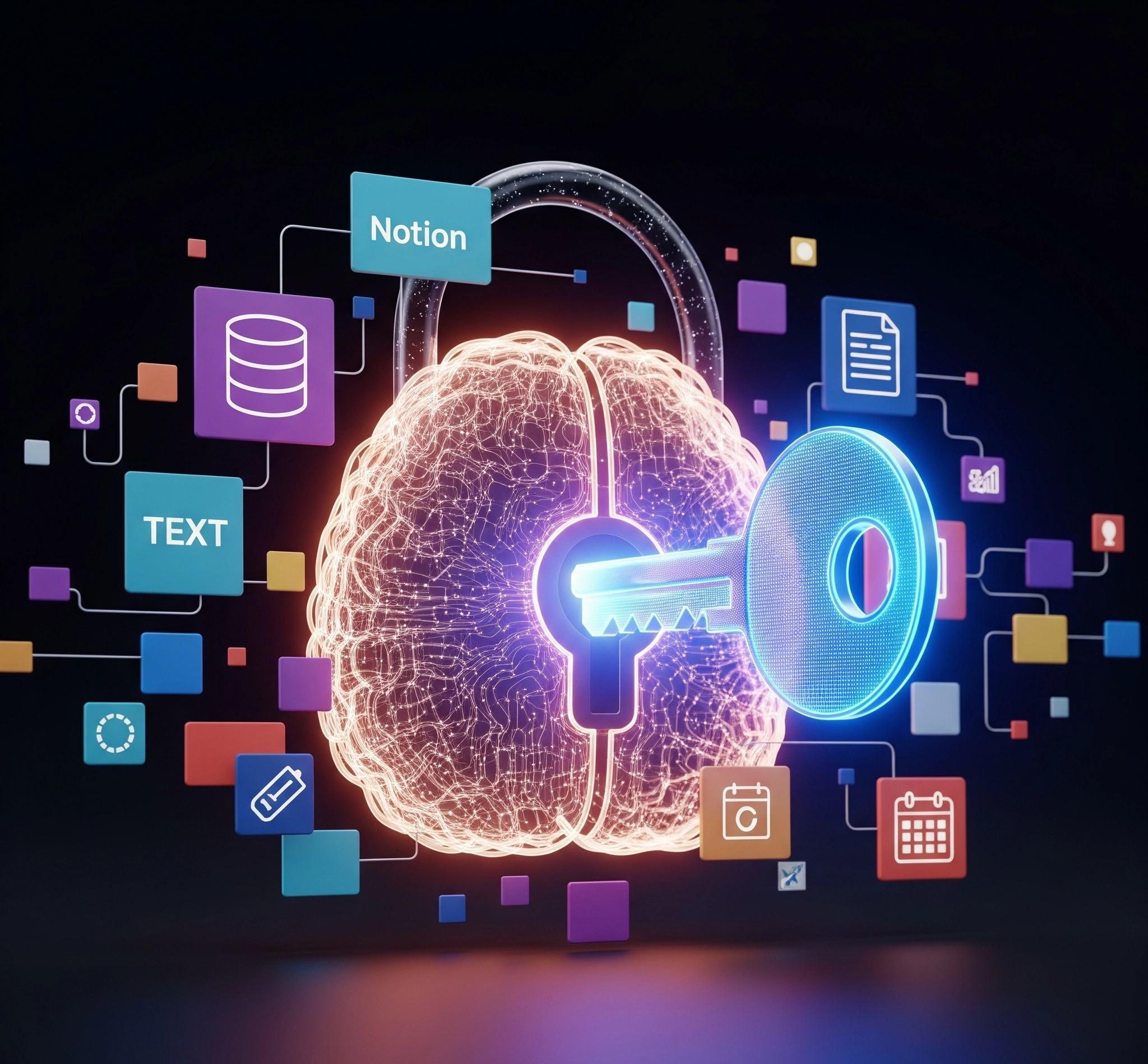 A symbolic image of a glowing digital key turning in a lock shaped like a stylized brain, surrounded by Notion-like blocks and icons (database, text page, calendar). This represents Notion AI unlocking organiz