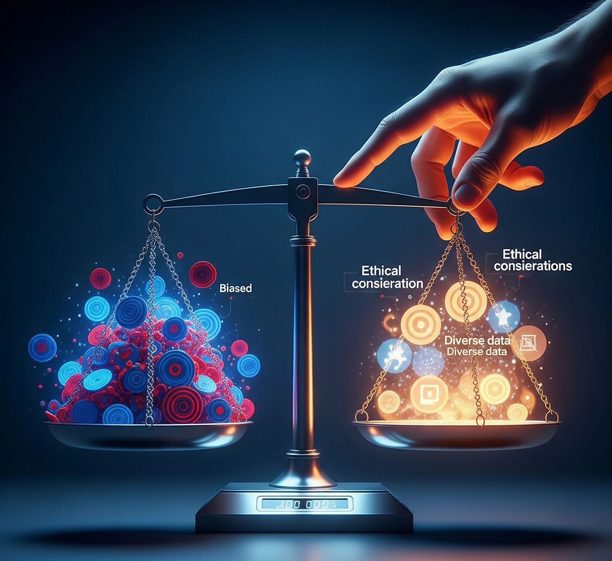 A symbolic image depicting a digital scale with one side heavily weighted by abstract data points, representing biased AI outcomes. The other side shows a human hand trying to balance it with ethical considera