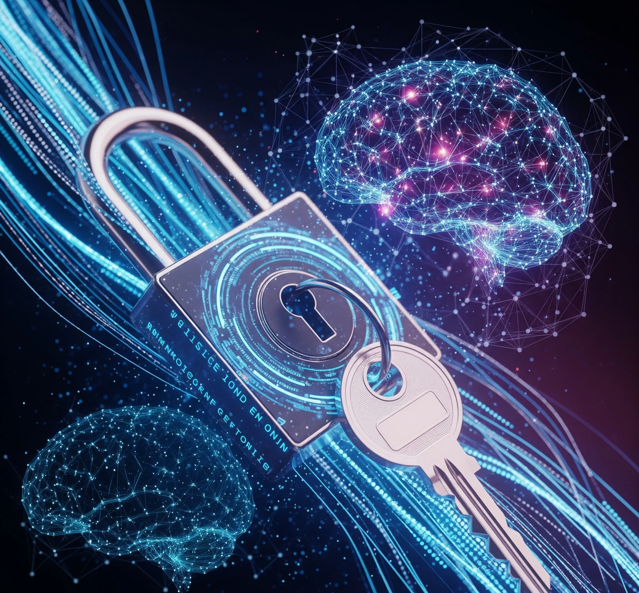 A symbolic image depicting a digital lock and key intertwined with flowing data streams and abstract AI brain patterns, representing the challenge of securing personal data in the age of artificial intelligenc