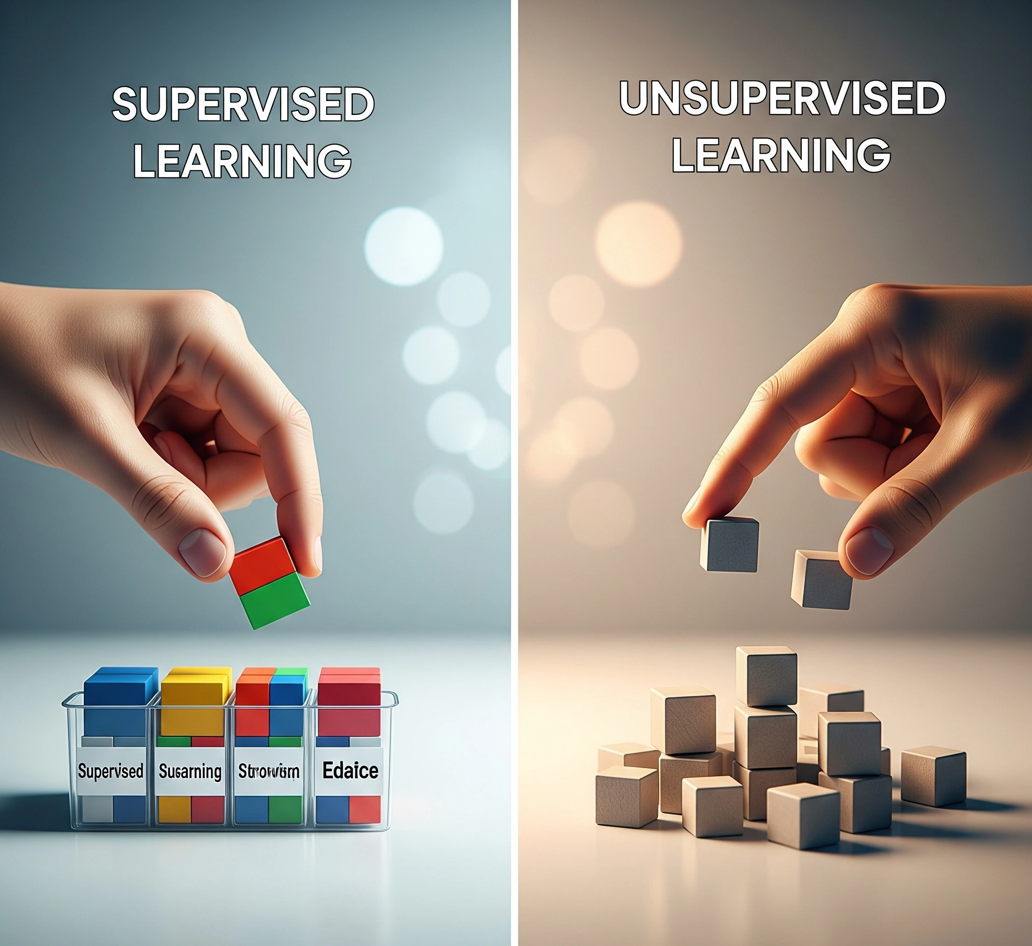 Metaphor for guiding data in supervised vs. unsupervised learning. A conceptual image of a guiding hand placing distinct, colored blocks into clearly labeled bins (representing supervised learning), contrasted