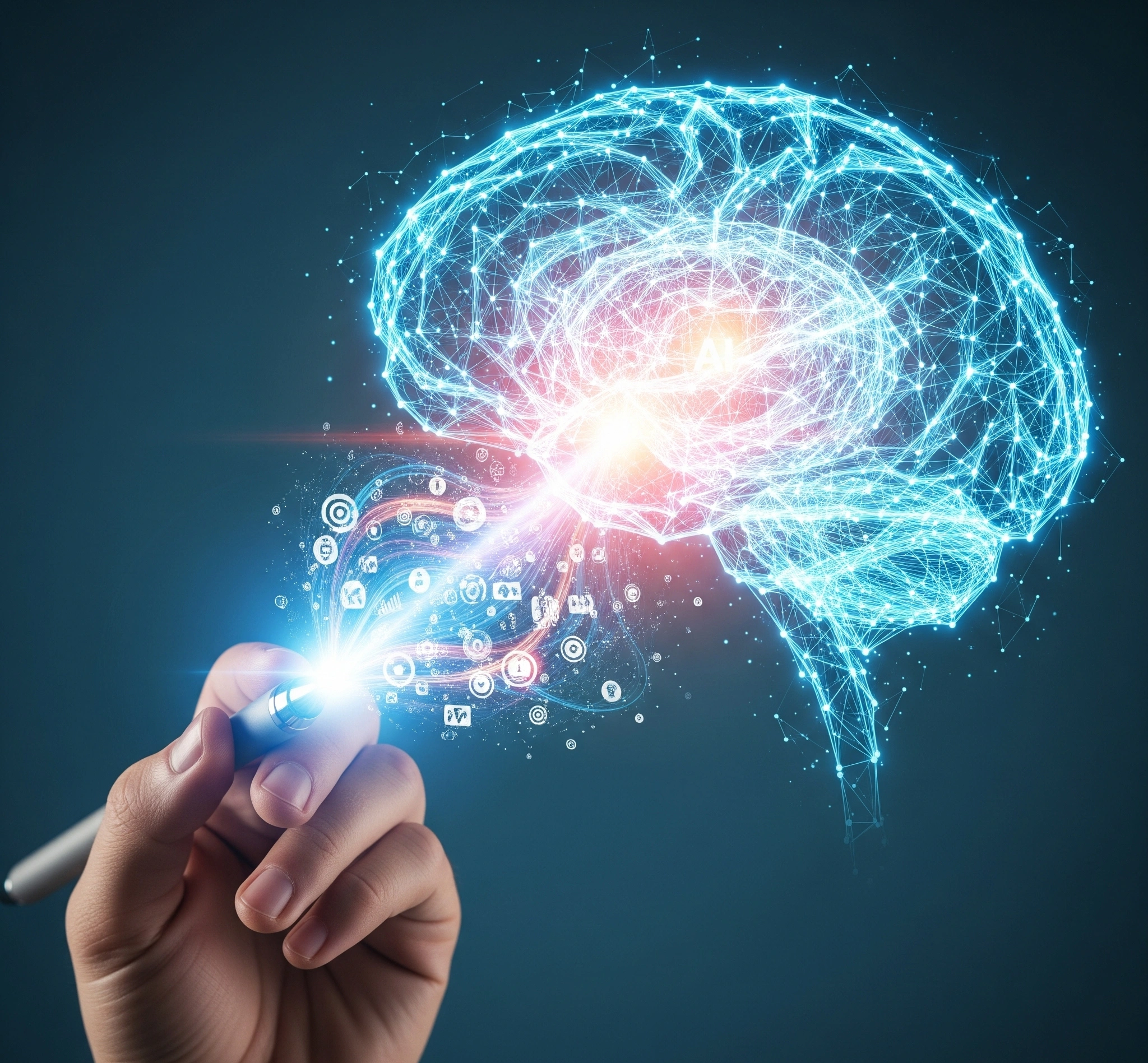 Metafora sinergi kreatif manusia-AI. Sebuah tangan manusia memegang pena digital, dengan aliran ide yang bercahaya memancar dari pena tersebut dan menyatu dengan struktur otak digital yang bercahaya di latar b