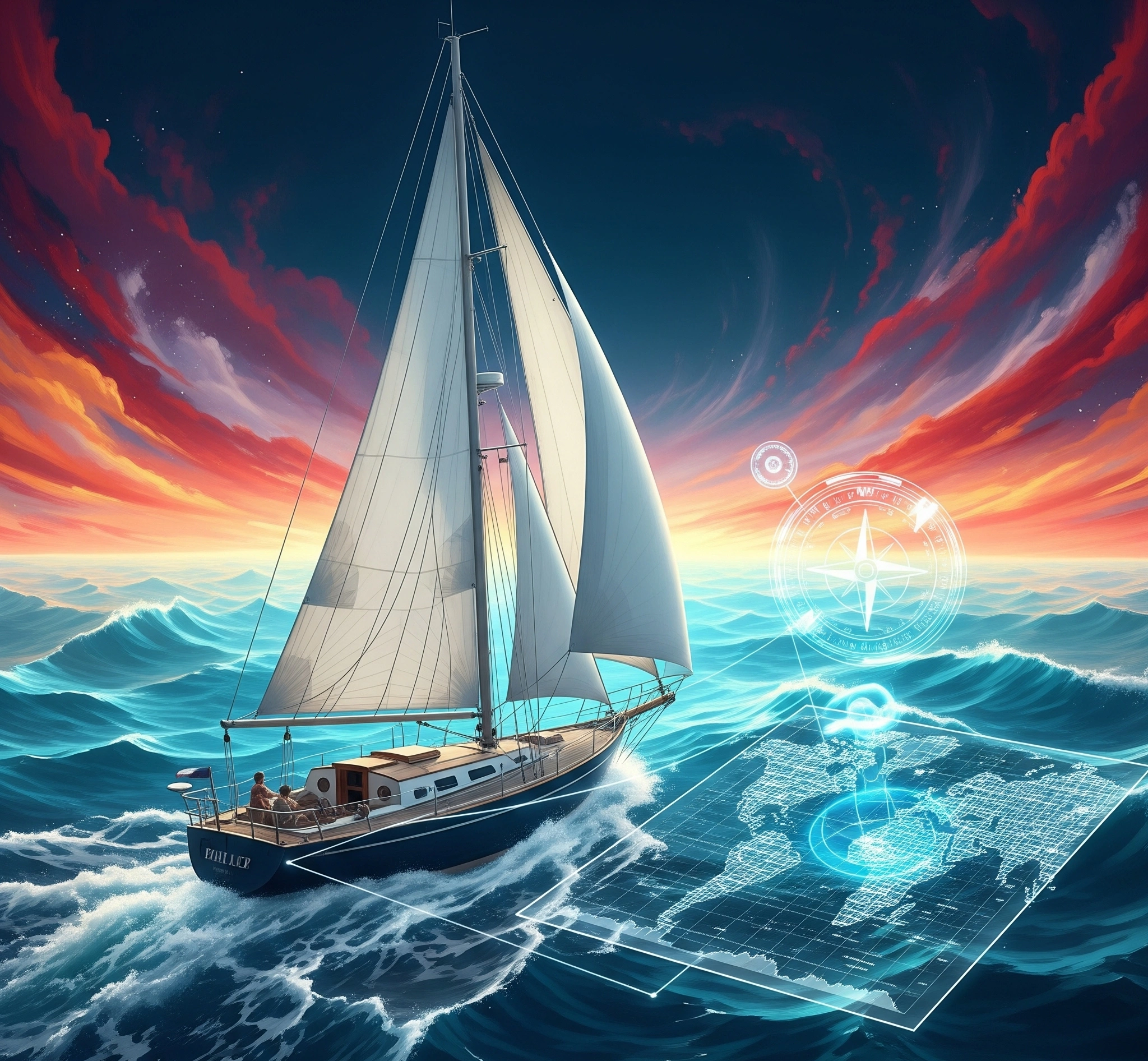 Metafora untuk menavigasi teknologi masa depan. Sebuah kapal layar yang kokoh berlayar melalui perairan yang bergejolak namun bercahaya, dengan kompas digital dan peta holografik yang memandu jalannya, melamba