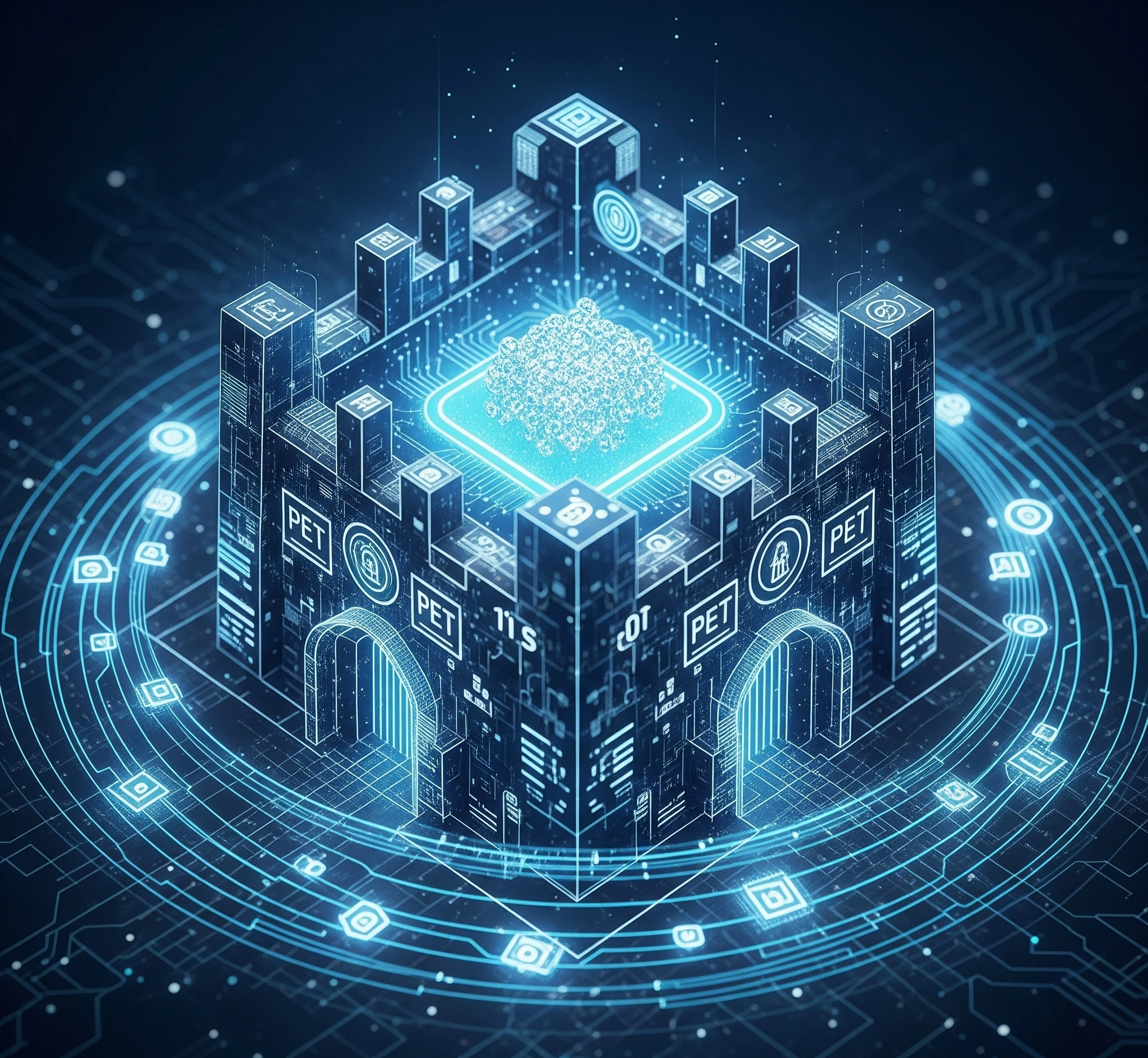 A symbolic image of a secure, transparent digital fortress protecting a central core of personal data, surrounded by layers of AI processing. The fortress has visible ethical guidelines and privacy-enhancing t