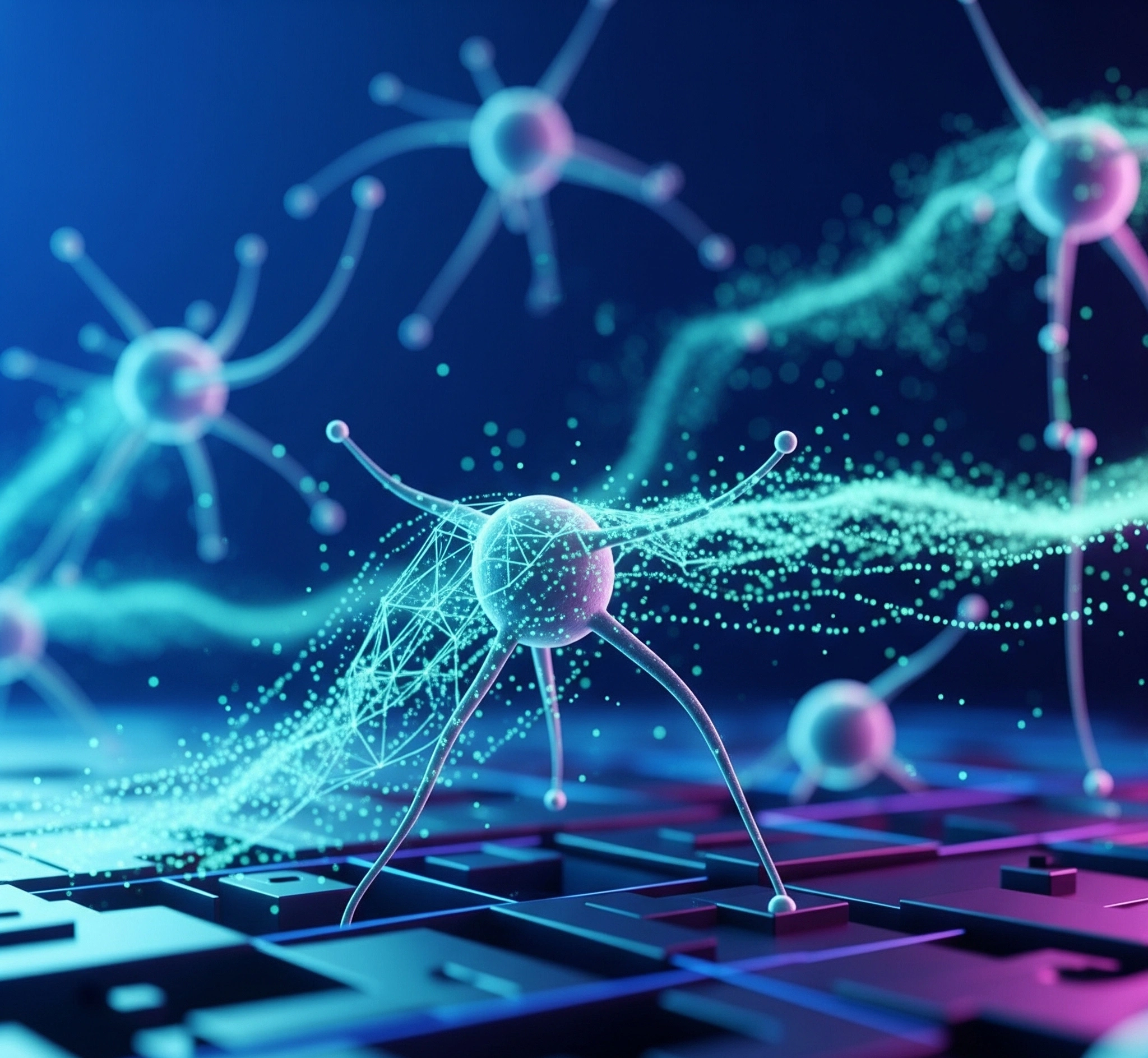 A futuristic, abstract representation of interconnected neural networks and data points, symbolizing the most important machine learning algorithms of 2025.