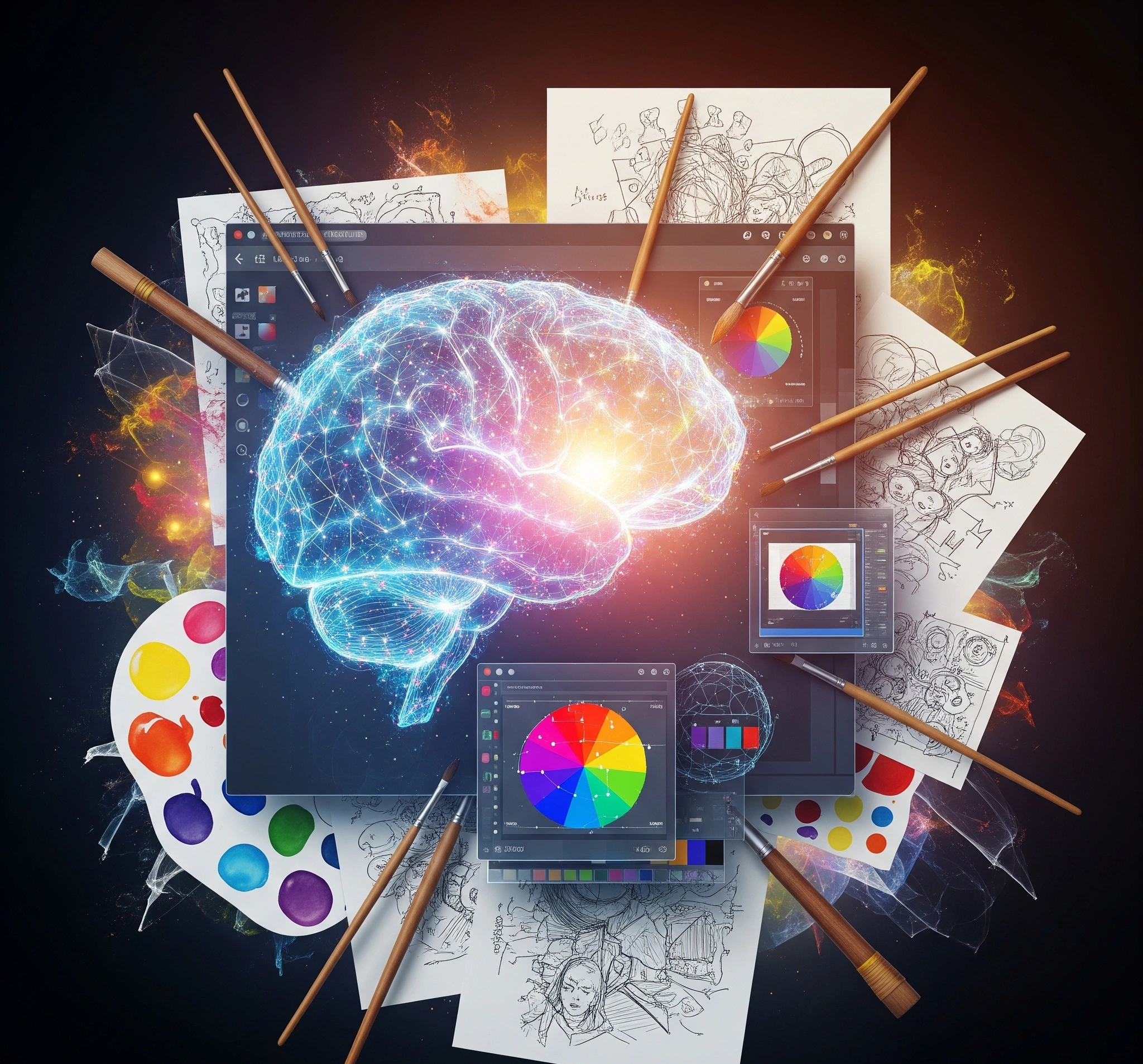 Sebuah gambar artistik dan simbolis yang mewakili konvergensi kecerdasan buatan dan kreativitas manusia. Otak digital yang bercahaya menyatu dengan elemen desain seperti palet warna, kuas, dan sketsa, menunjuk