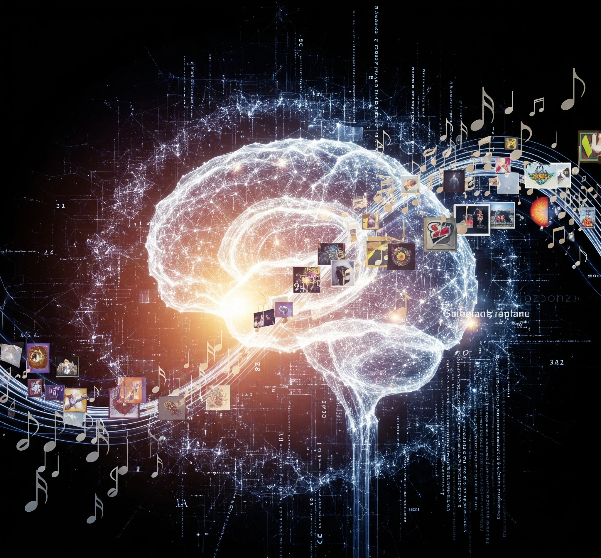 An artistic and symbolic image representing generative AI in content creation. A glowing digital brain structure is intertwined with flowing text, images, and musical notes, symbolizing AI's role in generating