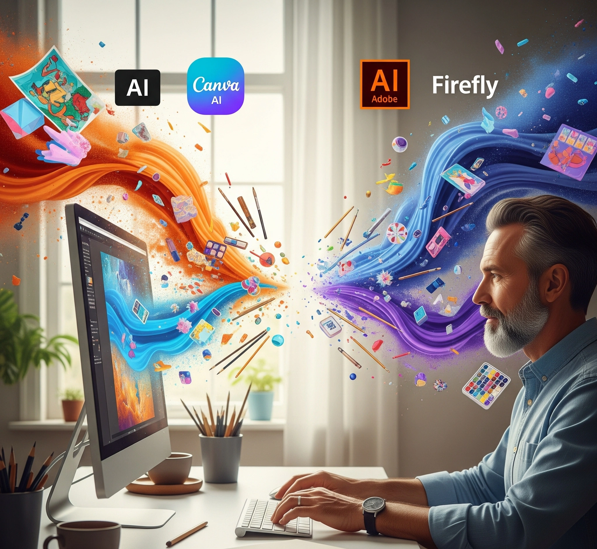 A symbolic image depicting a digital artist at a desk, with abstract AI-generated art flowing from their screen, blending with traditional art tools. One side is vibrant and accessible (Canva AI), the other mo
