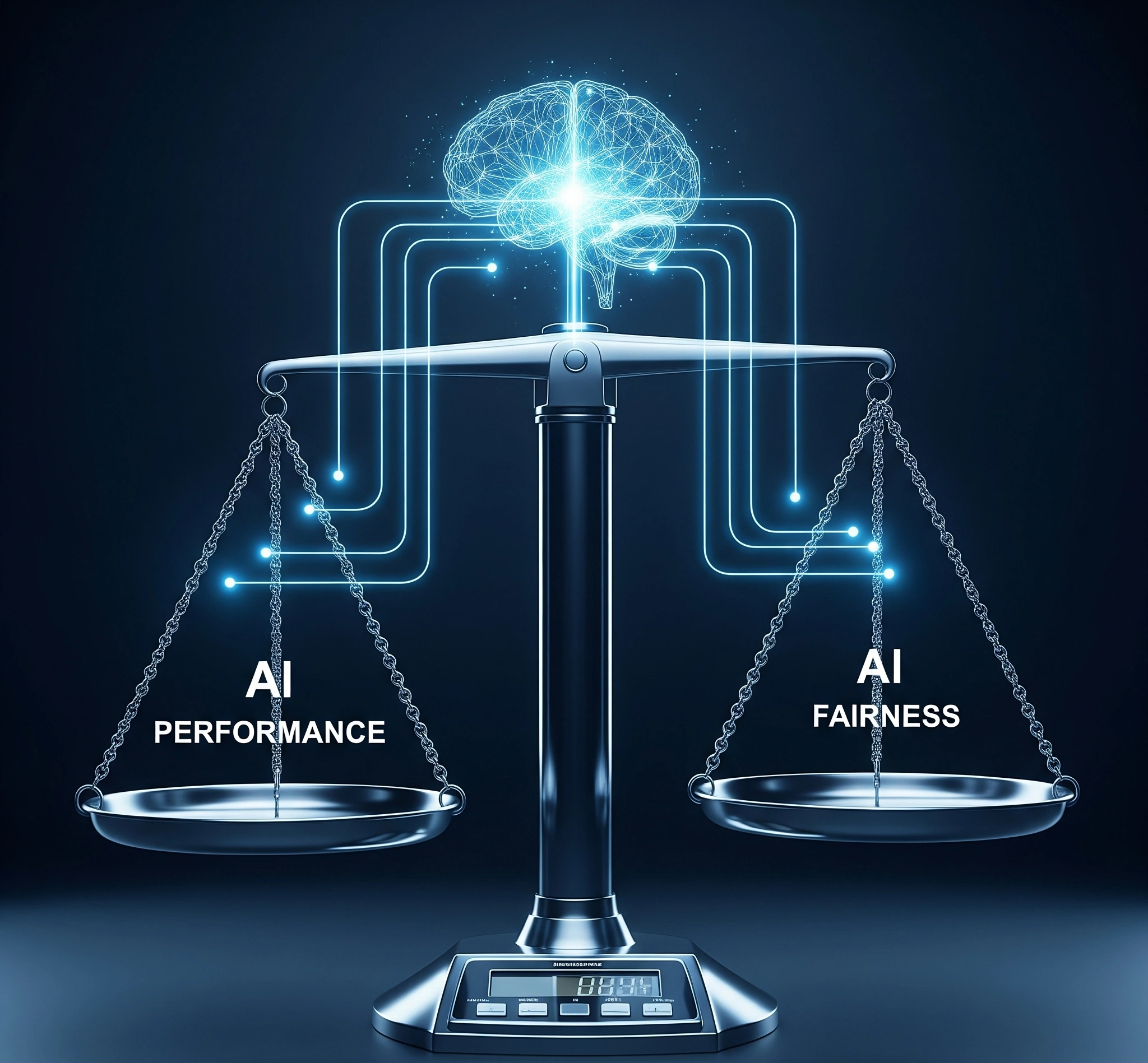 A symbolic image of a perfectly balanced digital scale, with one side representing 'AI Performance' and the other 'AI Fairness'. Glowing lines connect them to a central brain-like structure, symbolizing ethica