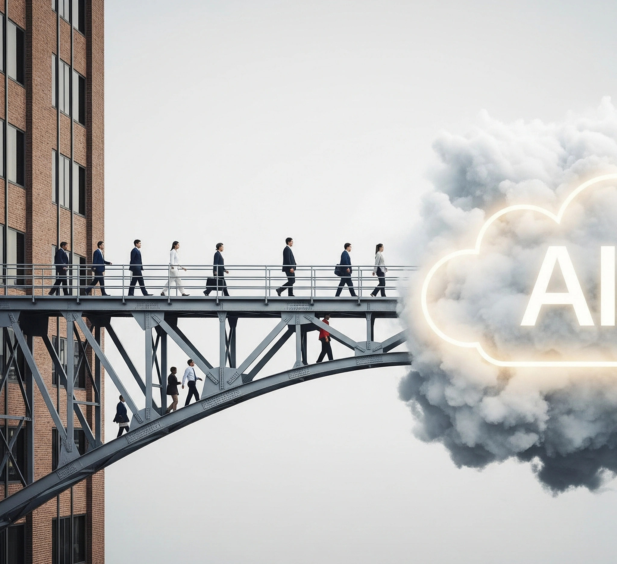 Metaphor for human-AI collaboration in the workplace. A conceptual image of a sturdy bridge connecting a traditional office building to a futuristic, cloud-like structure, with human figures walking across it,