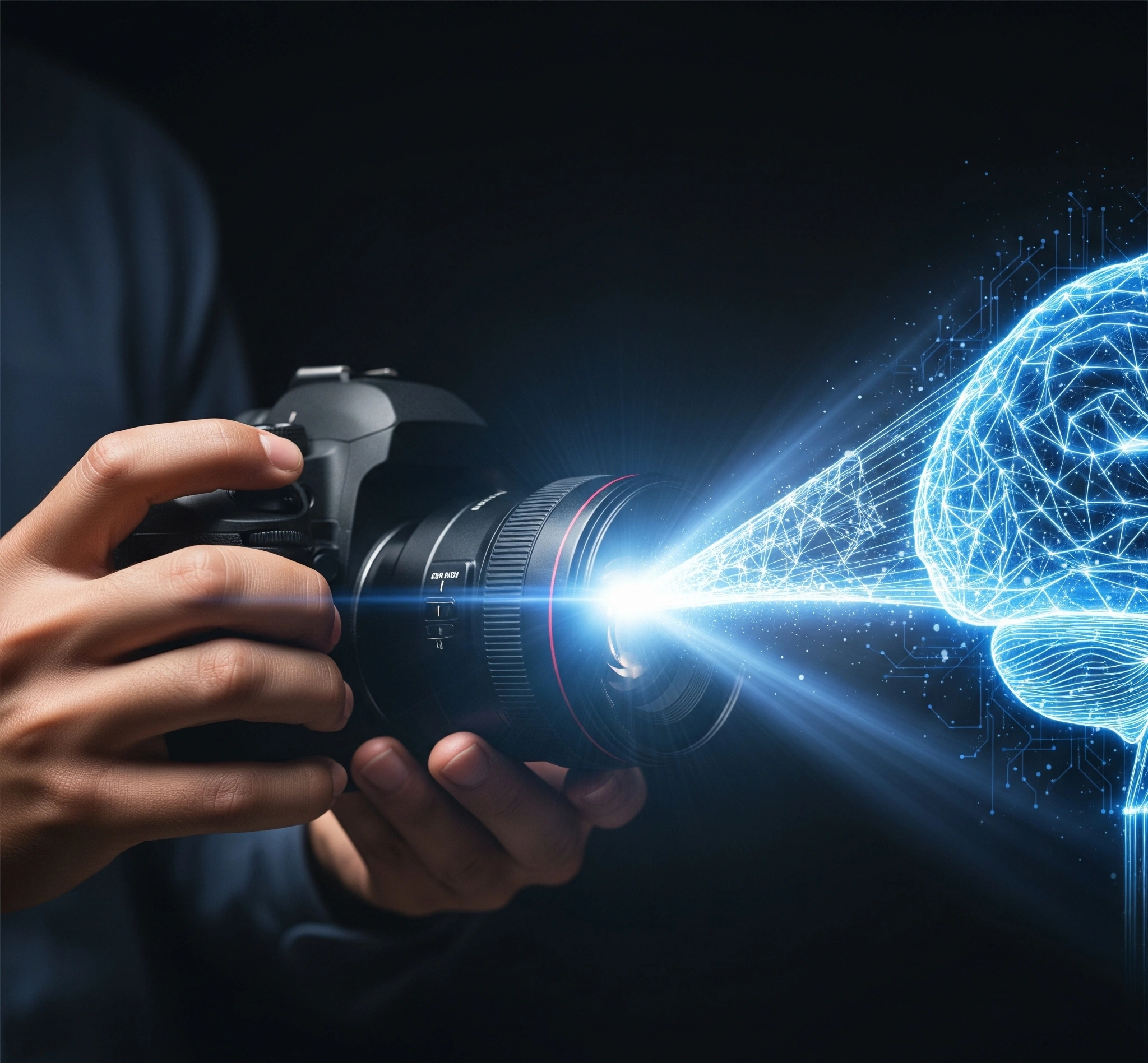 Metafora sinergi pembuat film-AI. Sebuah tangan manusia memegang kamera digital, dengan aliran cahaya yang memancar dari lensa dan terhubung ke struktur otak digital yang bercahaya di latar belakang, melambang
