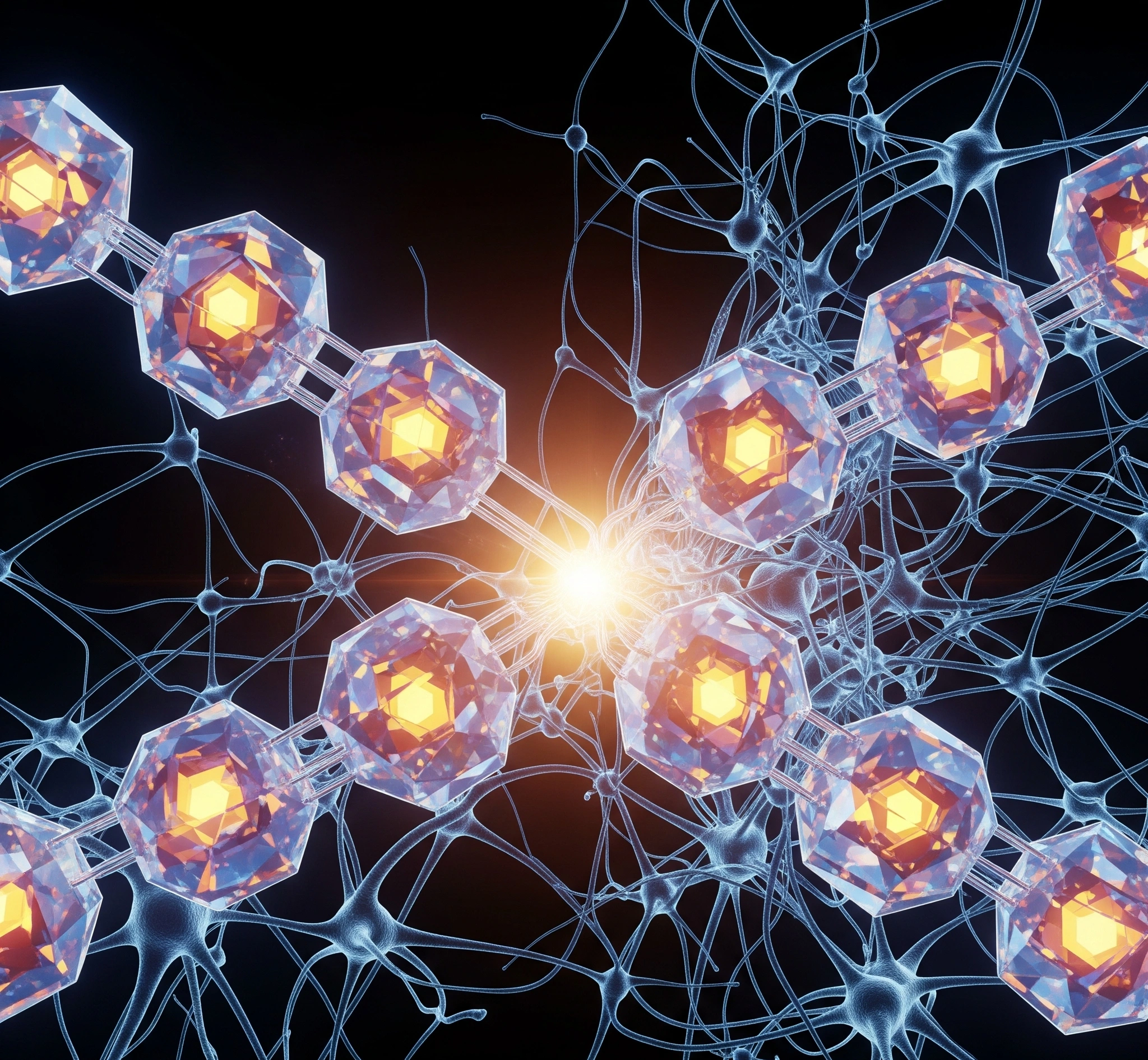 An artistic and symbolic image representing the convergence of quantum computing and artificial intelligence. Glowing quantum bits (qubits) intertwine with neural network structures, symbolizing the potential 