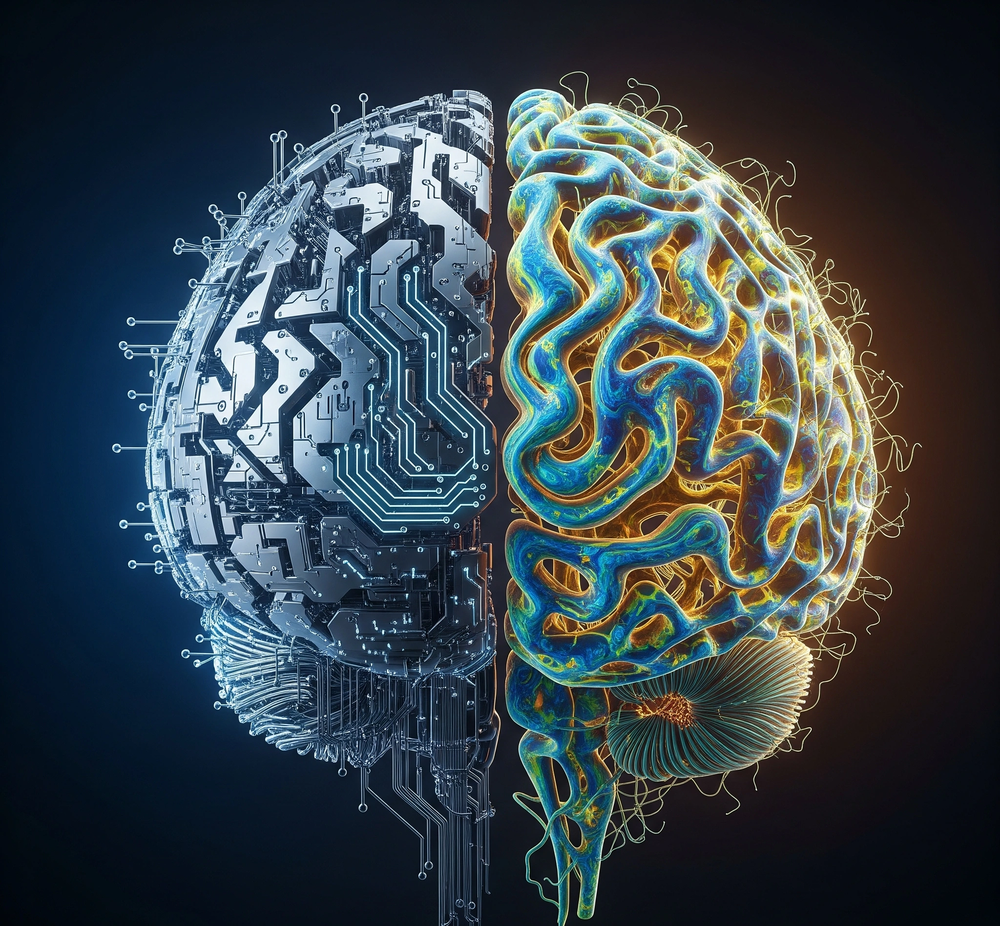 A symbolic and artistic image representing the paradox of artificial intelligence a glowing, complex digital brain structure half-made of cold, hard circuits and half made of organic, flowing natural patterns,