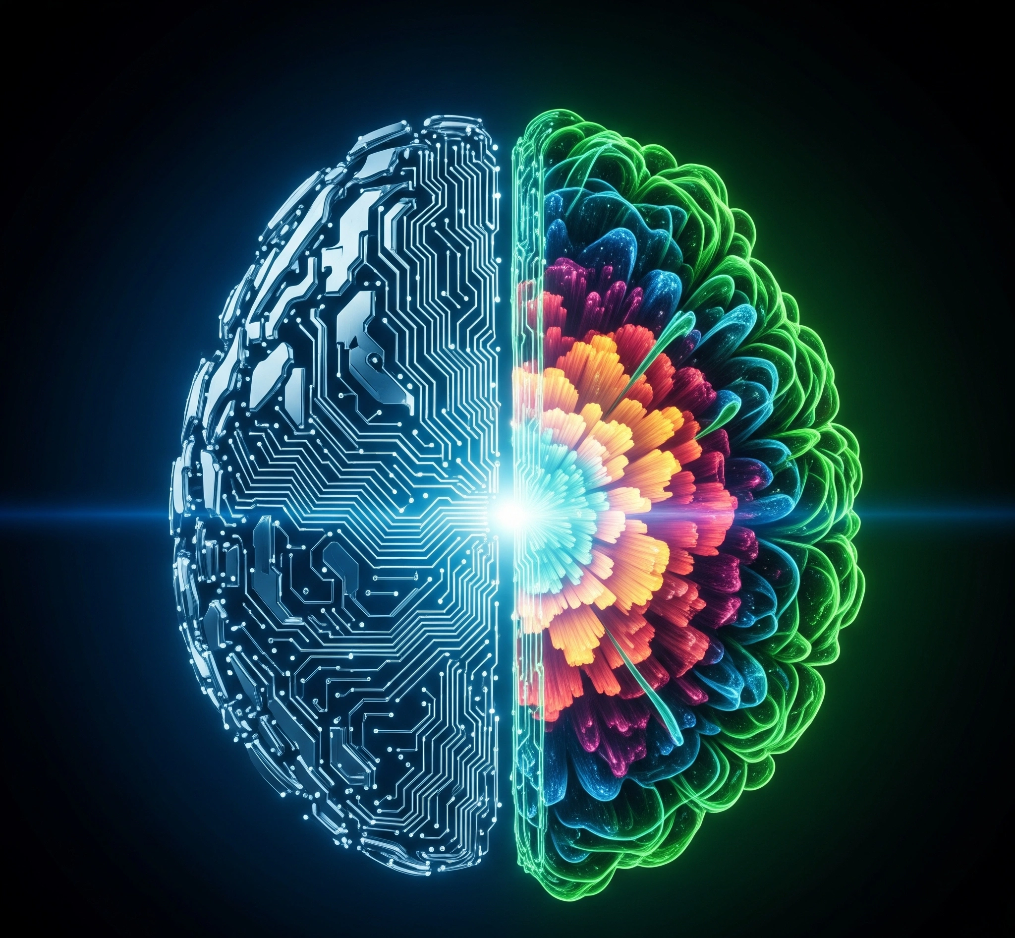 A symbolic image representing the paradox of artificial intelligence a glowing, complex digital brain structure half-made of cold, hard circuits and half made of organic, flowing natural patterns, cinematic li