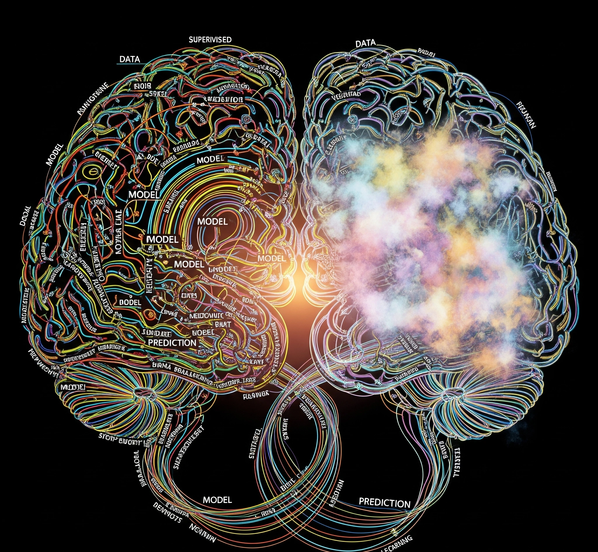 Duality of Supervised and Unsupervised Machine Learning. A symbolic and artistic image representing two intertwined brains, one with clear, labeled pathways (supervised) and the other with nebulous, self-organ