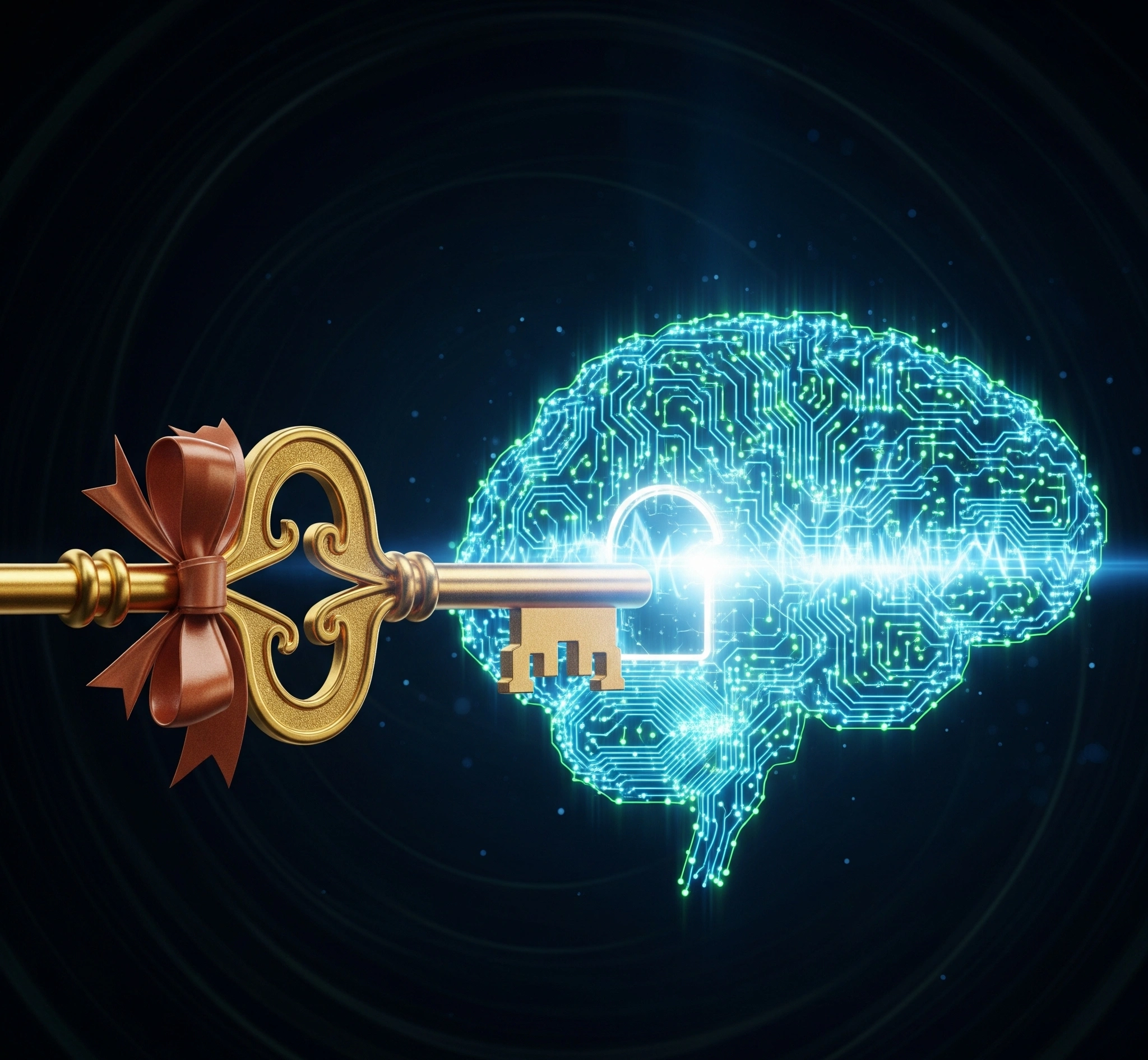 A golden, ornate key with a traditional bow unlocking a stylized digital brain composed of glowing circuits, symbolizing the unlocking of ethical understanding in AI.