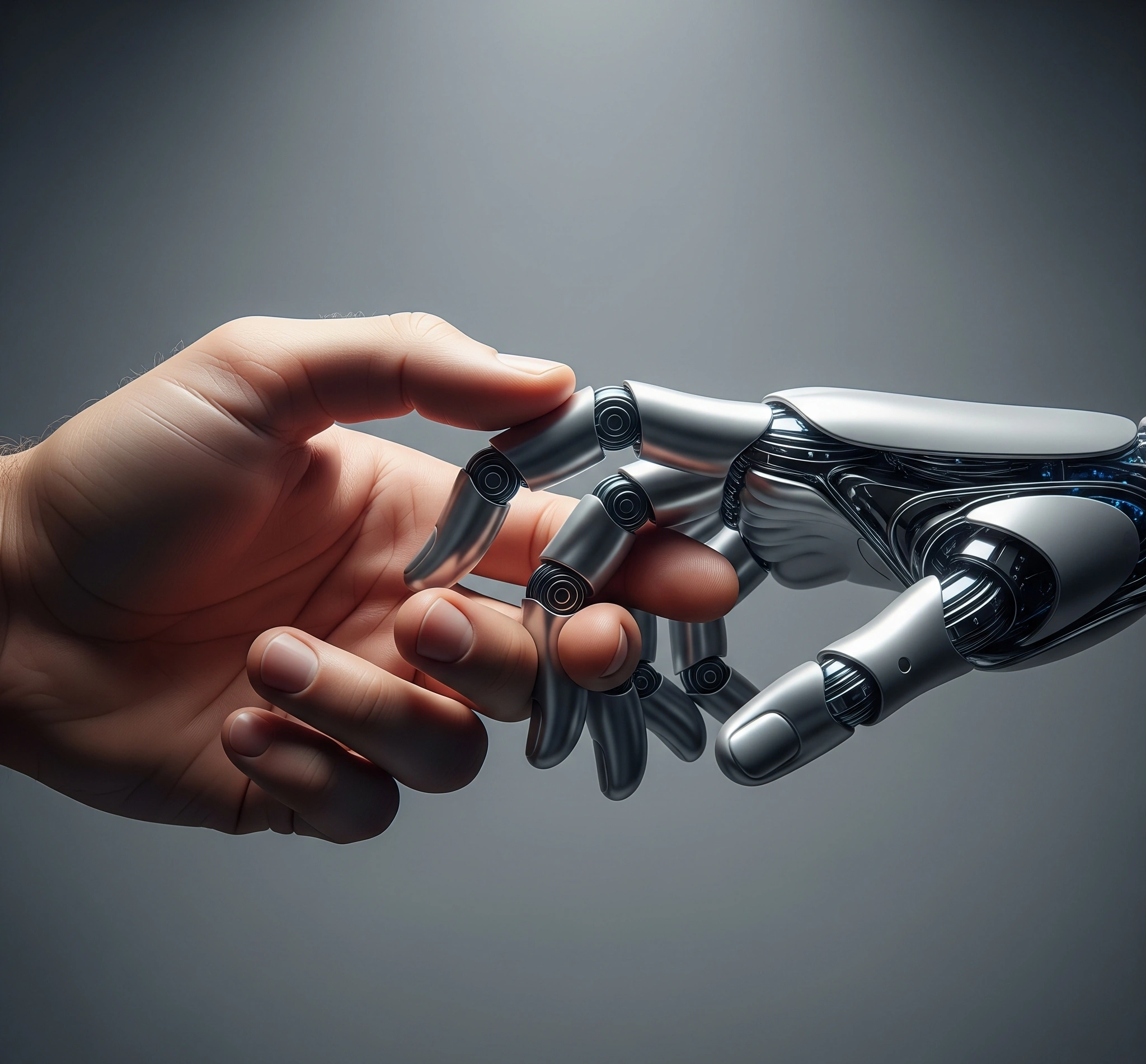 A human hand and a robotic hand interlocking like puzzle pieces, symbolizing the symbiotic relationship and collaborative synergy between human creativity and AI tools.