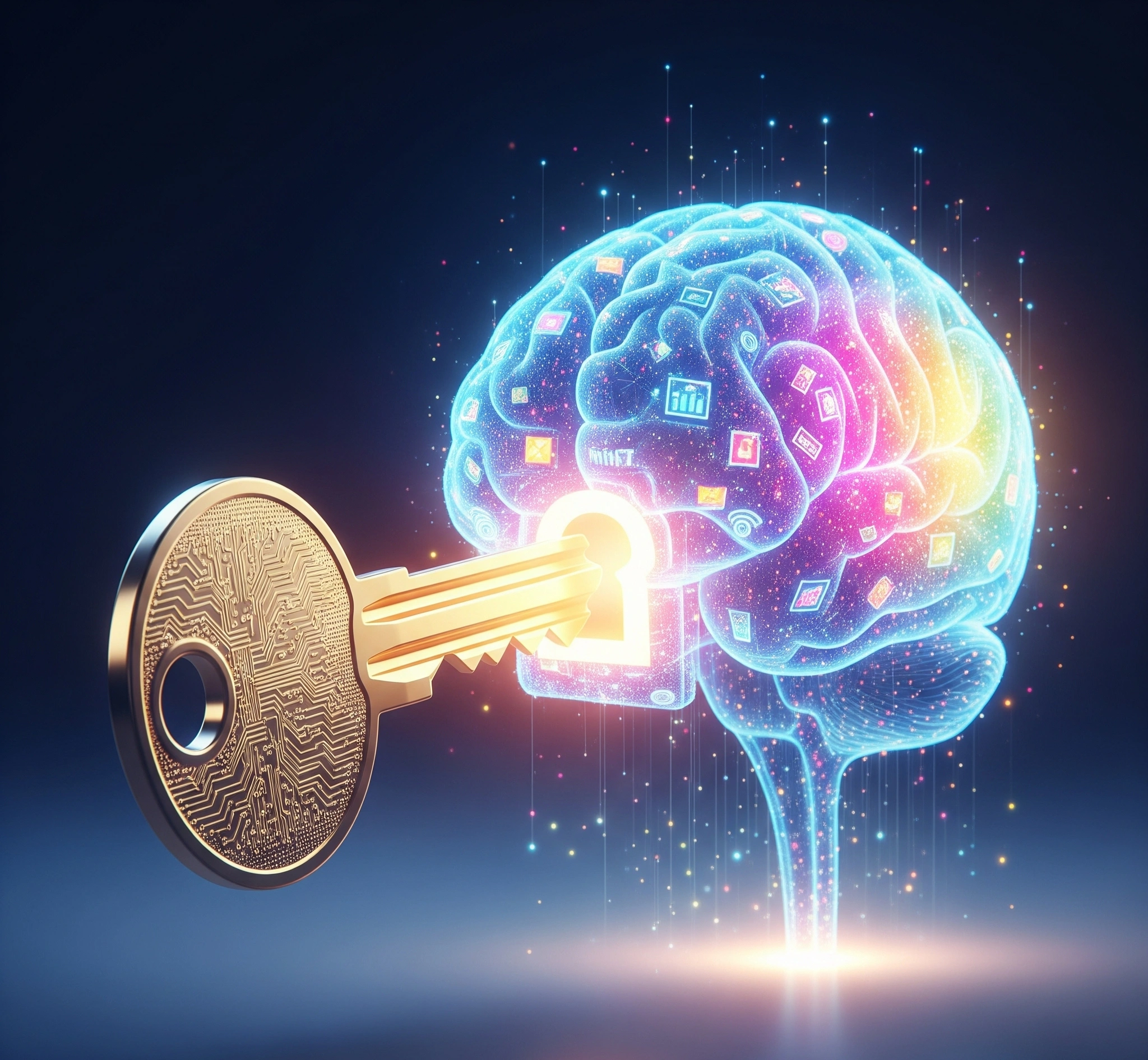 A metaphorical image of a key unlocking a digital brain, symbolizing the adaptive action framework providing solutions for emerging technologies.