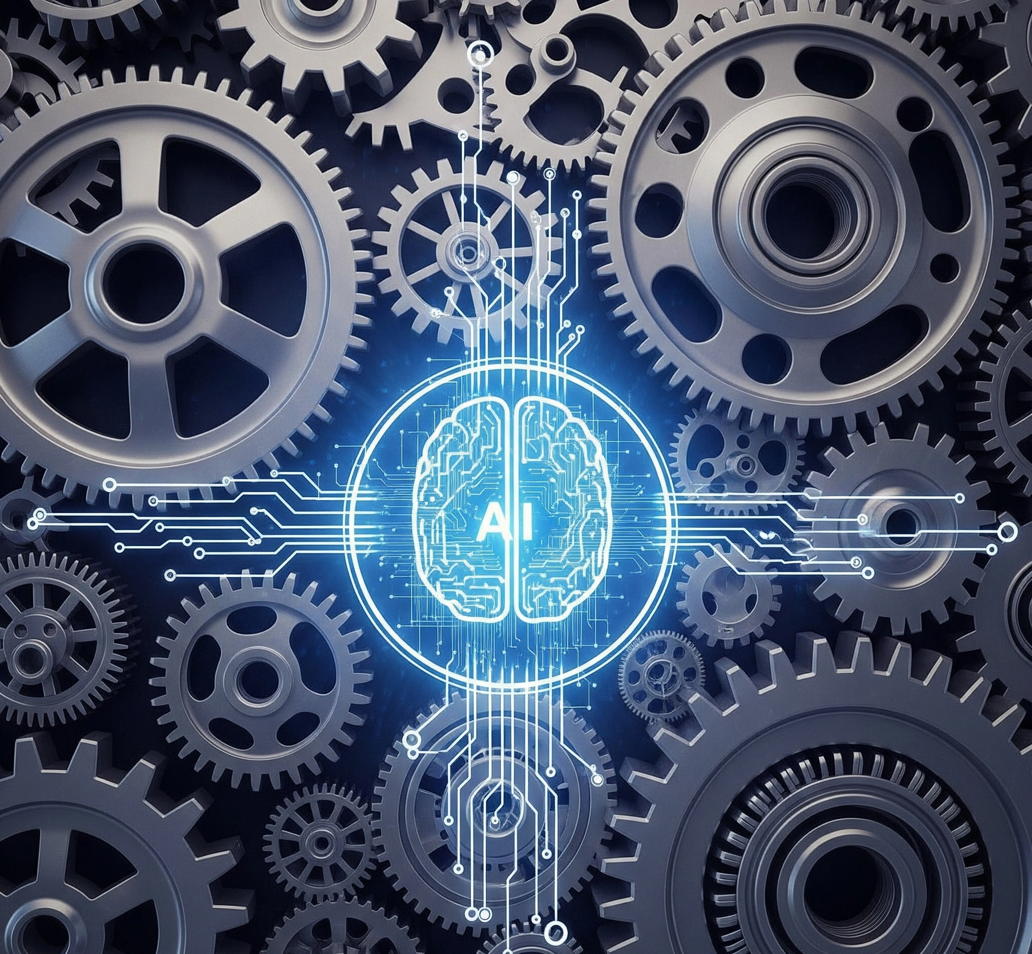 A metaphorical image of interconnected gears with a glowing central AI brain, symbolizing seamless integration and continuous motion leading to business growth and innovation.