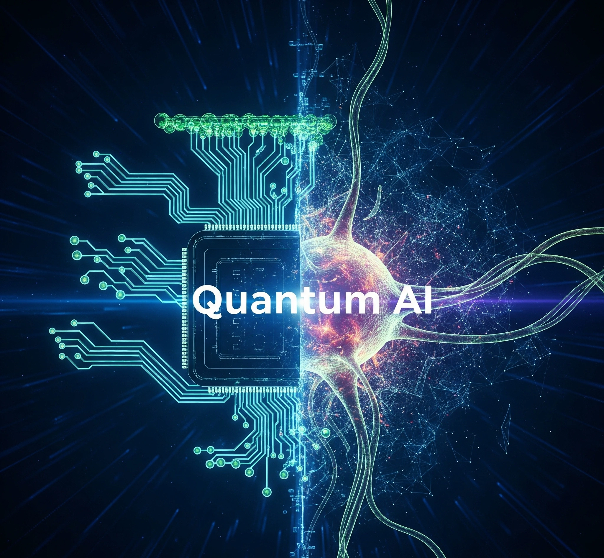 A symbolic image of quantum circuits merging with a neural network, representing Quantum AI.