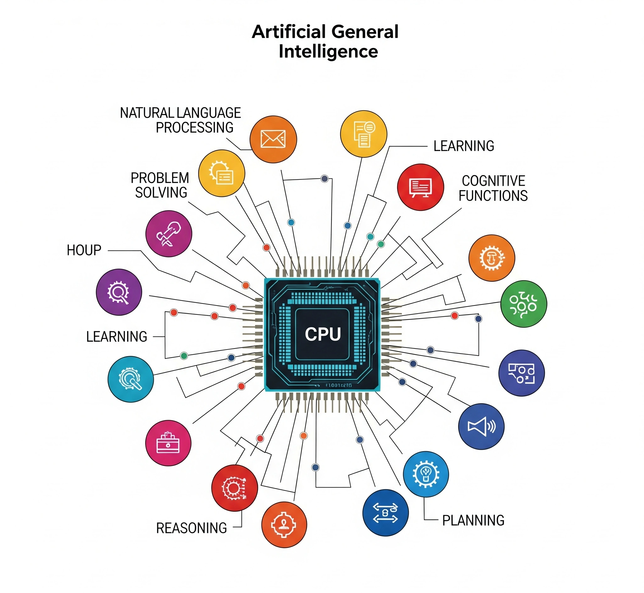 Conceptual architecture of Artificial General Intelligence (AGI) showing interconnected cognitive functions within a central processing unit.