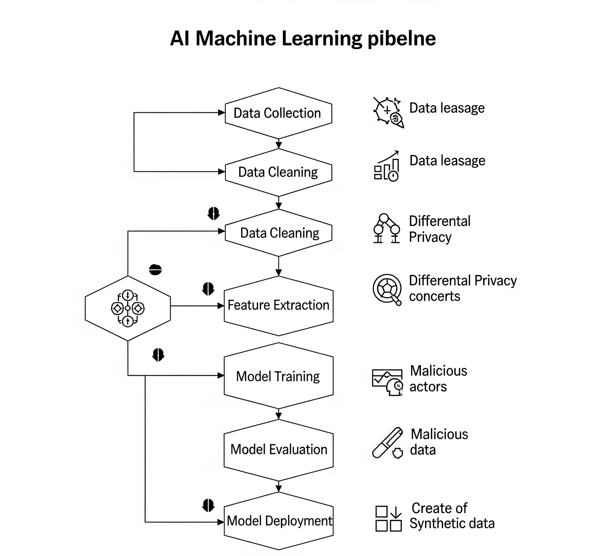 Diagram illustrating the stages of an AI machine learning pipeline and associated data privacy challenges.