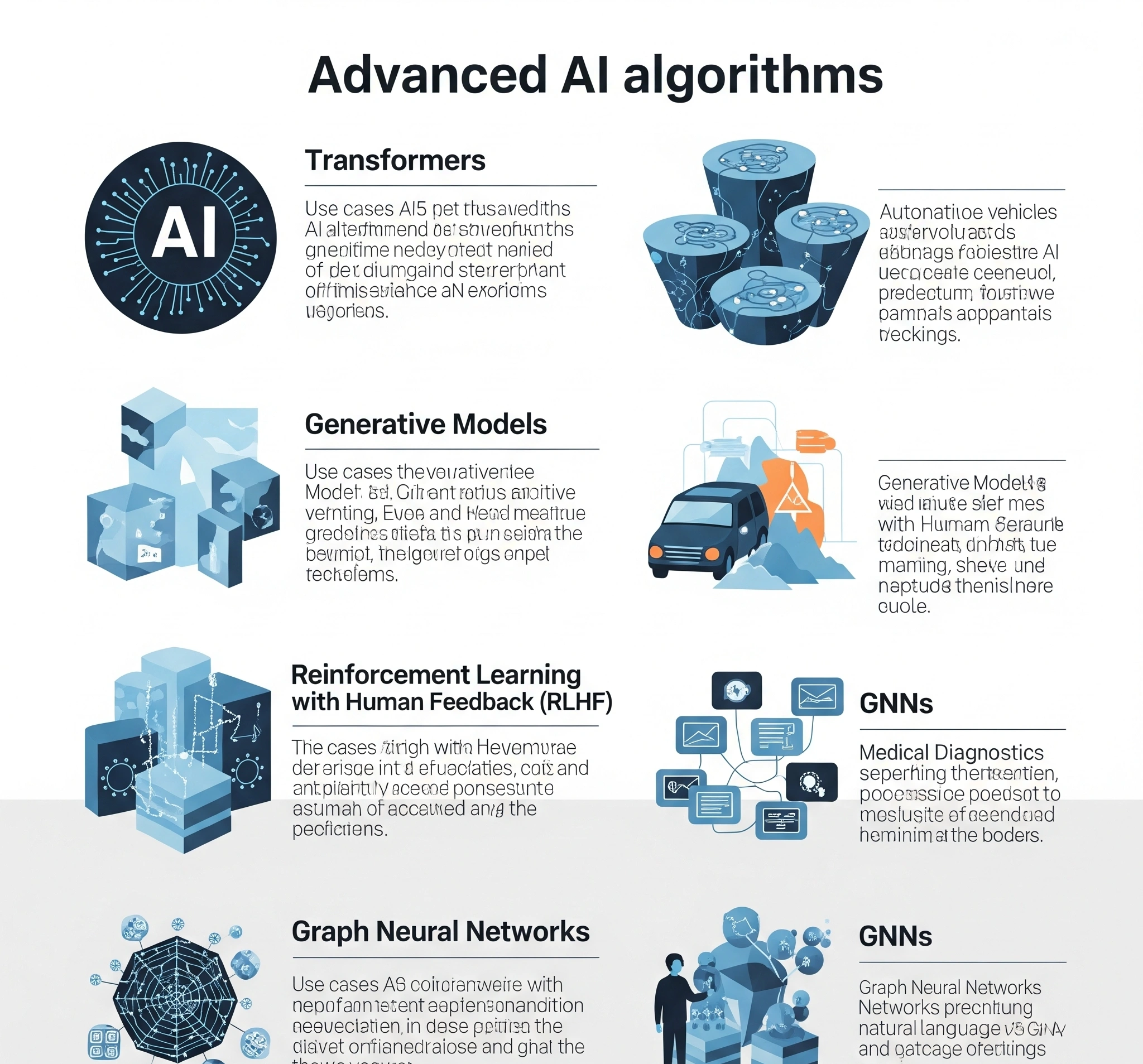 Infographic illustrating the evolution and key types of advanced AI algorithms, including Transformers, Generative Models, RLHF, and GNNs.