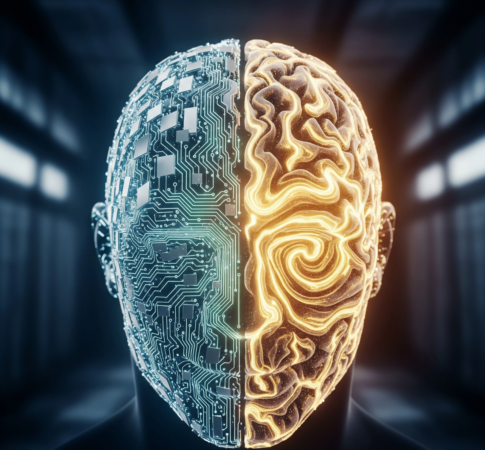 A symbolic and artistic image representing the paradox of artificial intelligence a glowing, complex digital brain structure half-made of cold, hard circuits and half made of organic, flowing natural patte (1)