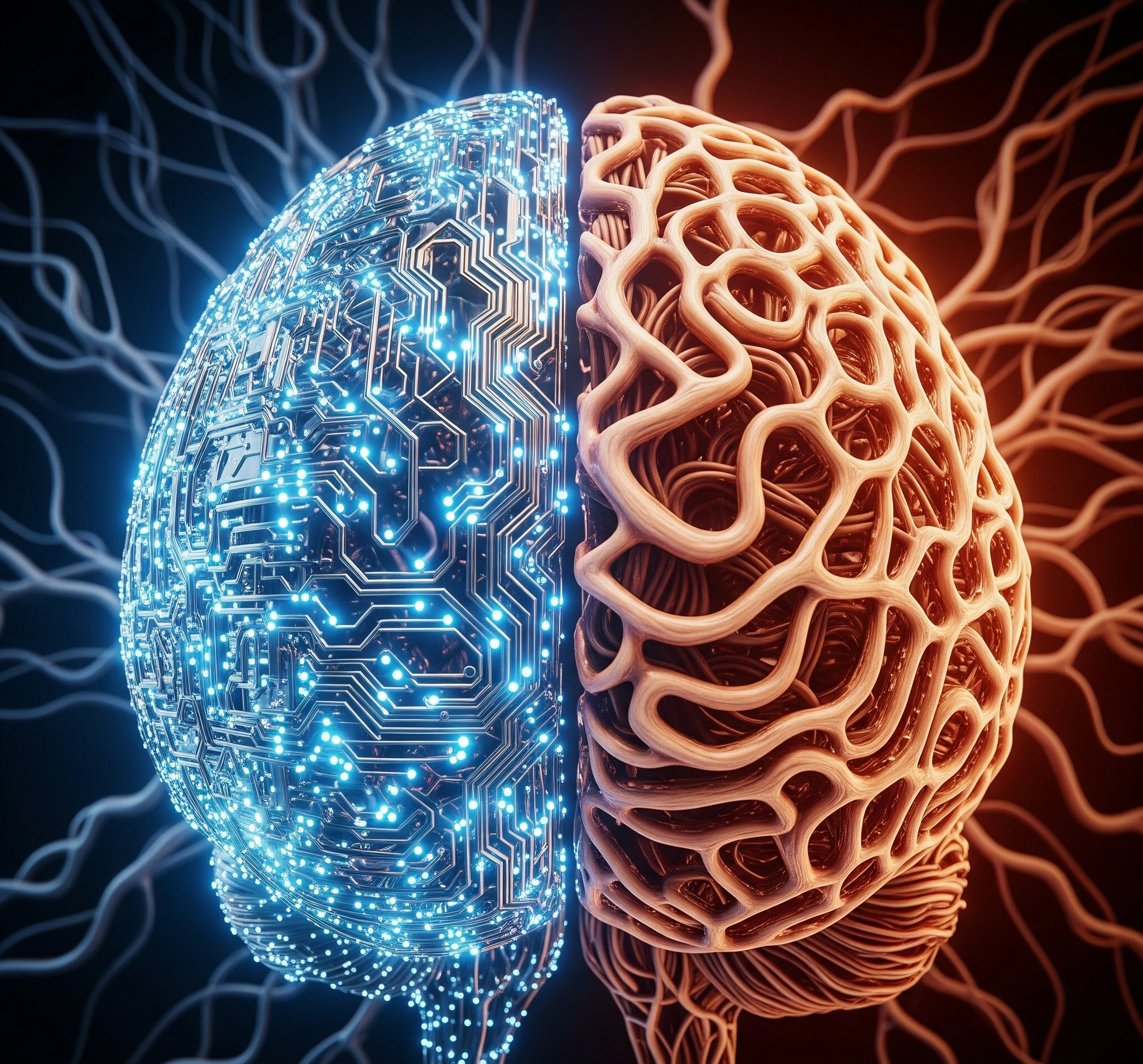 A symbolic and artistic image representing the paradox of artificial intelligence a glowing, complex digital brain structure half-made of cold, hard circuits and half made of organic, flowing natural patterns,