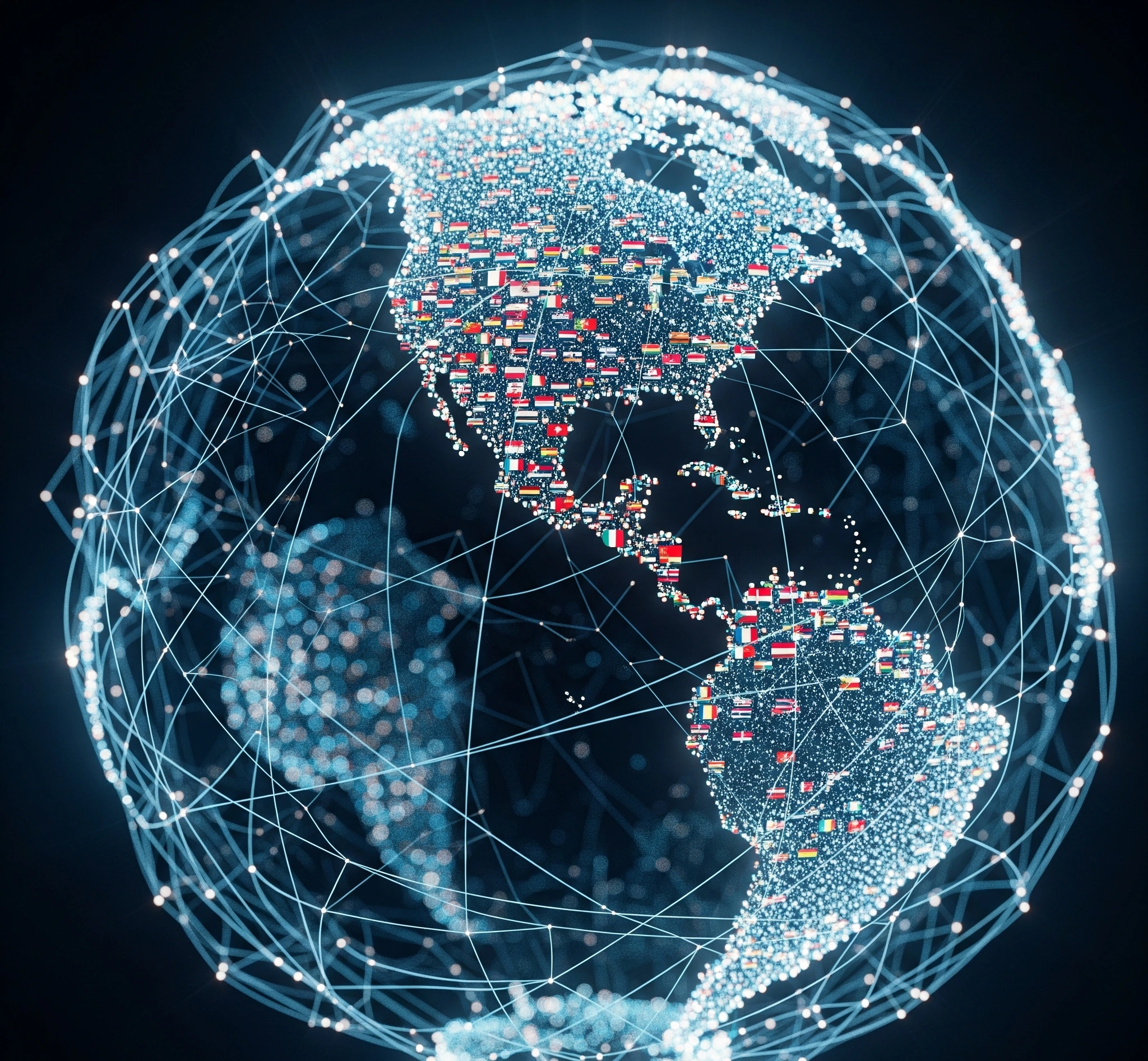 A symbolic and artistic image representing global AI regulation a complex, glowing network of digital lines forming a globe, with various national flags subtly integrated into the network, cinematic lighting, 