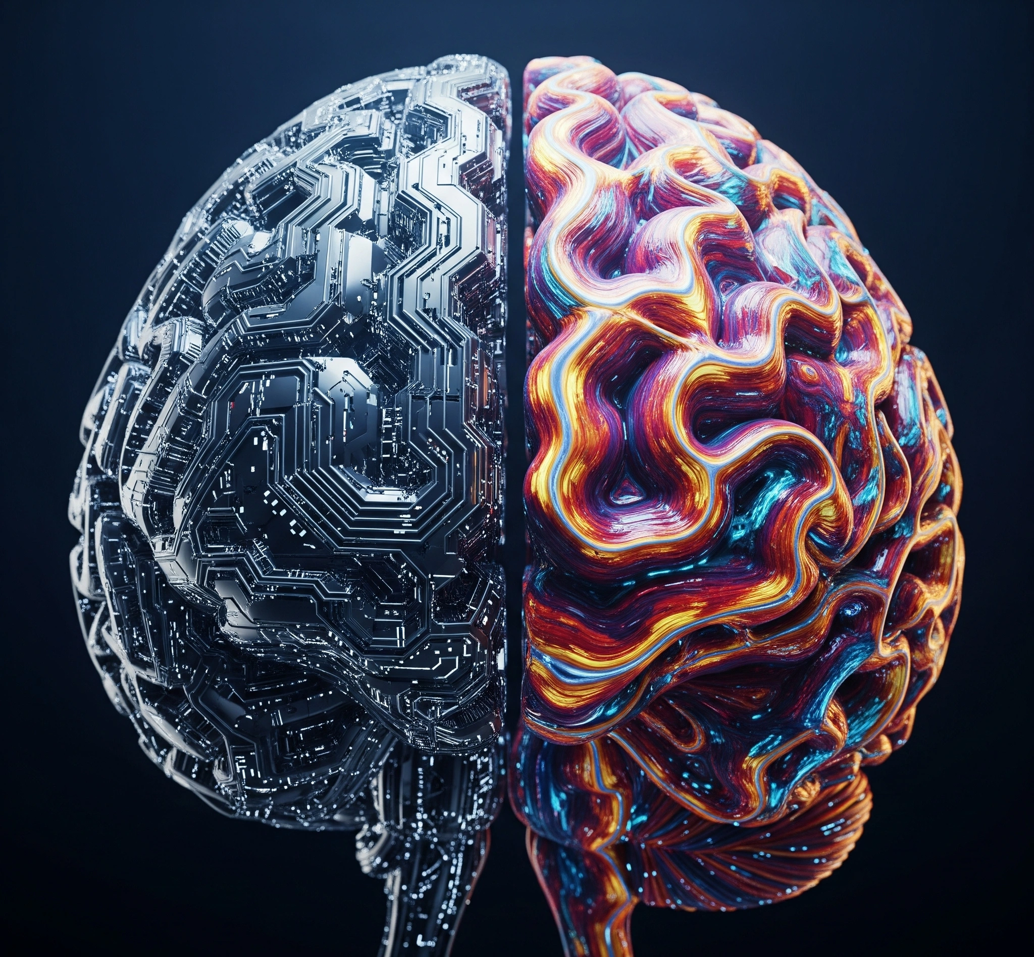A symbolic and artistic image representing the paradox of artificial intelligence a glowing, complex digital brain structure half-made of cold, hard circuits and half made of organic, flowing natural patterns,