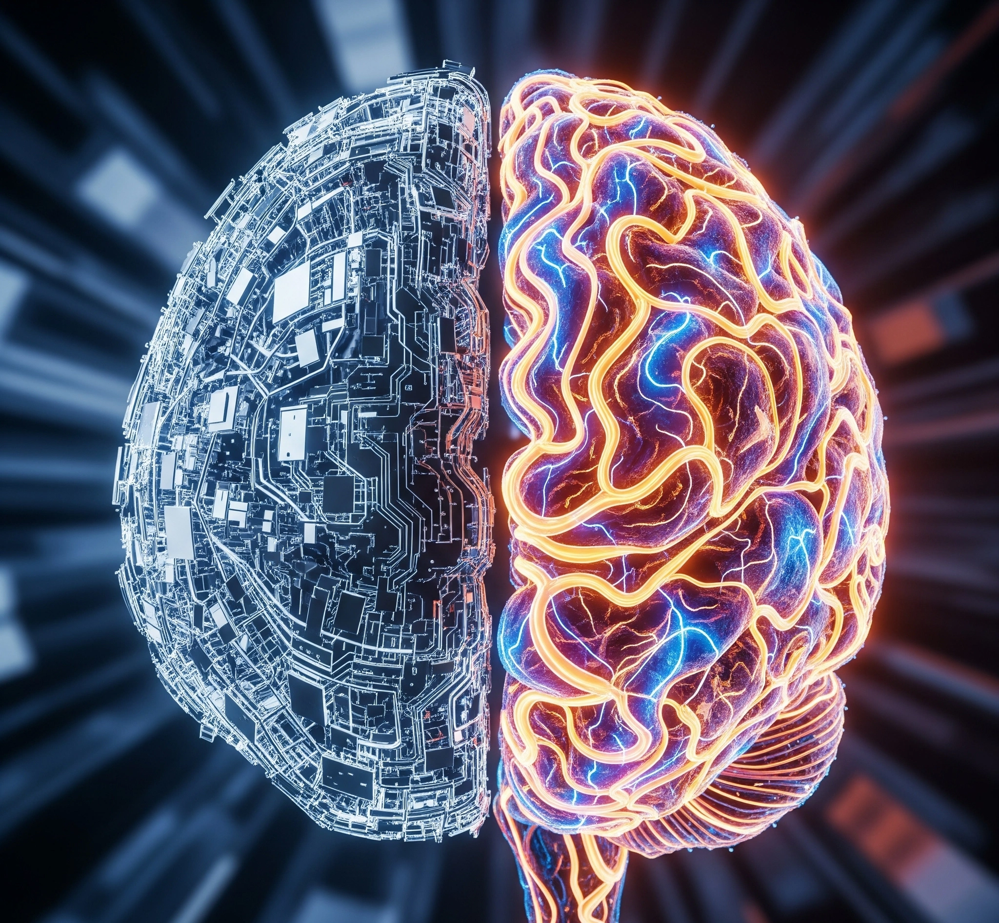 A symbolic and artistic image representing the paradox of artificial intelligence a glowing, complex digital brain structure half-made of cold, hard circuits and half made of organic, flowing natural patterns,