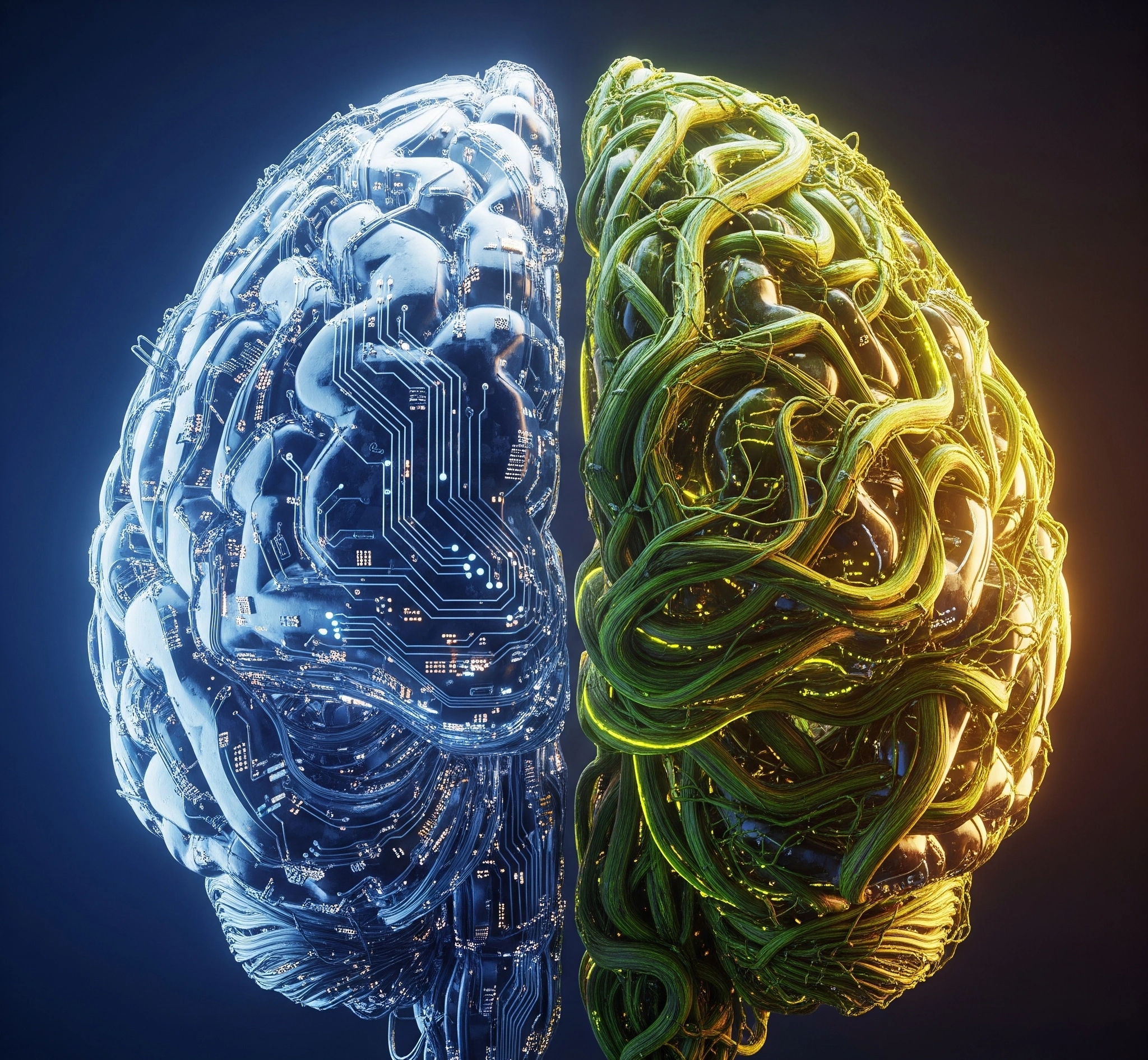 A symbolic and artistic image representing the paradox of artificial intelligence a glowing, complex digital brain structure half-made of cold, hard circuits and half made of organic, flowing natural patterns,