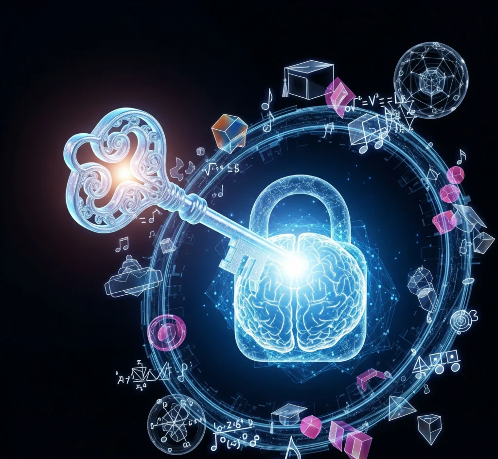 A symbolic image of a glowing key unlocking a brain-shaped lock surrounded by holographic educational symbols, representing the potential of adaptive learning through AR.