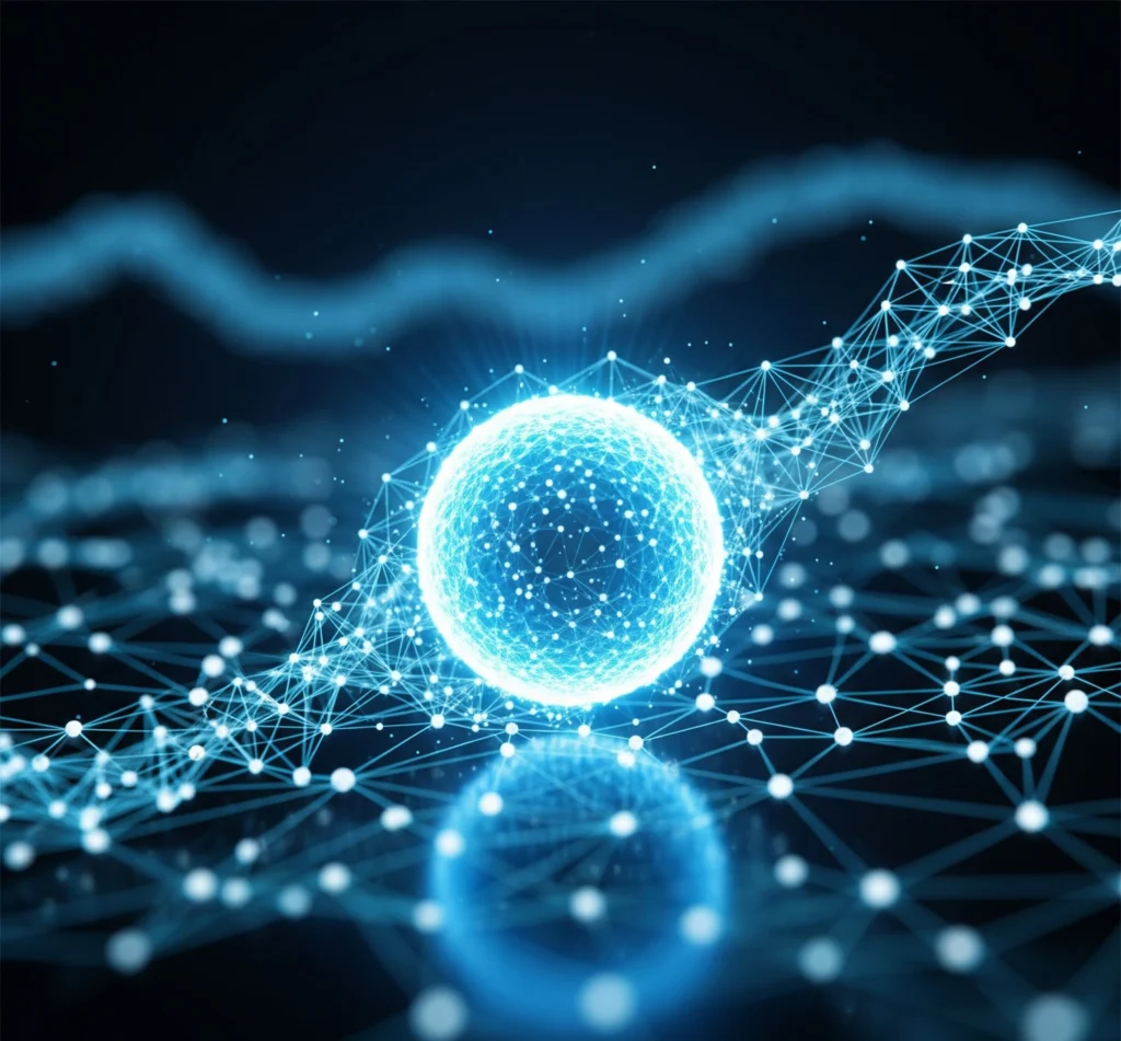A glowing quantum particle integrating into a neural network, symbolizing Quantum AI's transformative power.