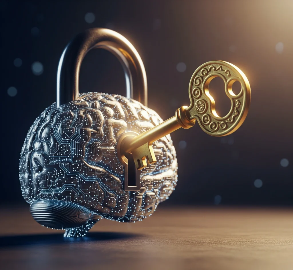 A golden key opening a padlock shaped like a digital brain, symbolizing unlocking the potential of AI with human insight and ethical considerations.