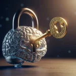 A golden key opening a padlock shaped like a digital brain, symbolizing unlocking the potential of AI with human insight and ethical considerations.