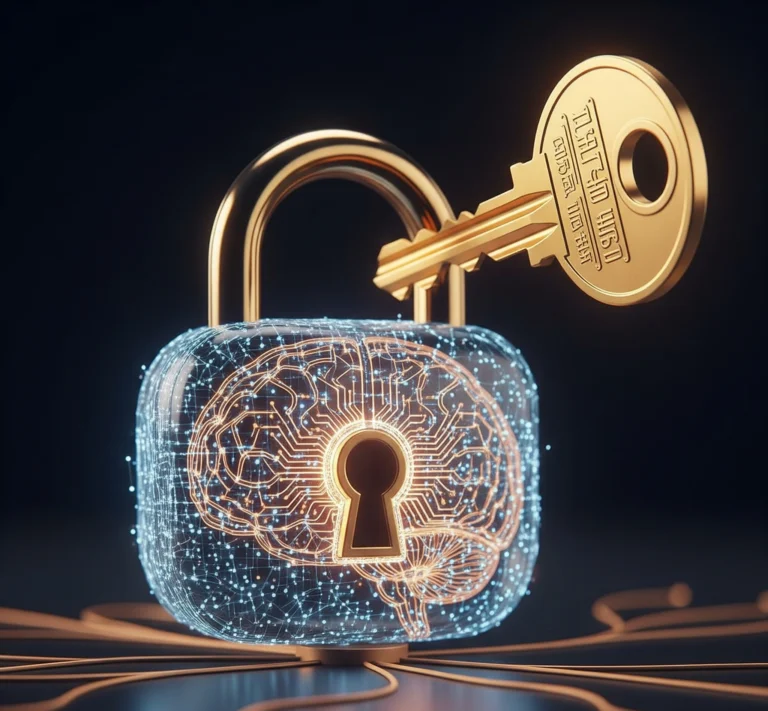 A golden key opening a padlock shaped like a stylized digital brain, symbolizing unlocking the full potential of generative AI through precise prompt engineering.