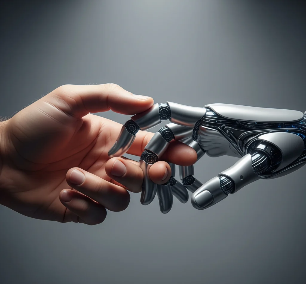 A human hand and a robotic hand interlocking like puzzle pieces, symbolizing the symbiotic relationship and collaborative synergy between human creativity and AI tools.