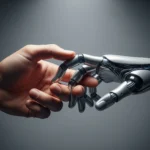 A human hand and a robotic hand interlocking like puzzle pieces, symbolizing the symbiotic relationship and collaborative synergy between human creativity and AI tools.