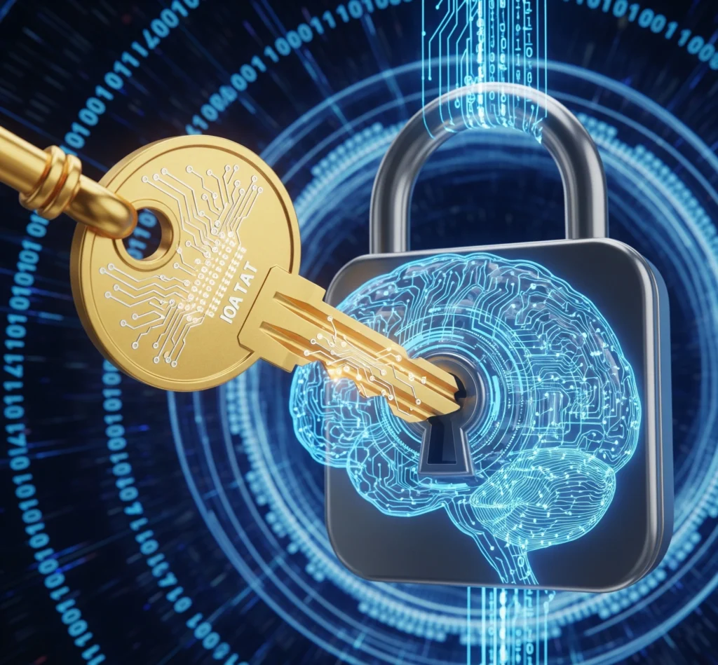 A metaphorical image of a key unlocking a digital brain-shaped lock, symbolizing the unlocking of AI's potential through strategic implementation.