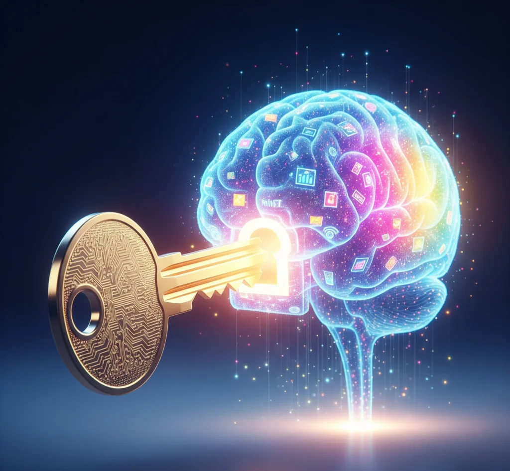 A metaphorical image of a key unlocking a digital brain, symbolizing the adaptive action framework providing solutions for emerging technologies.