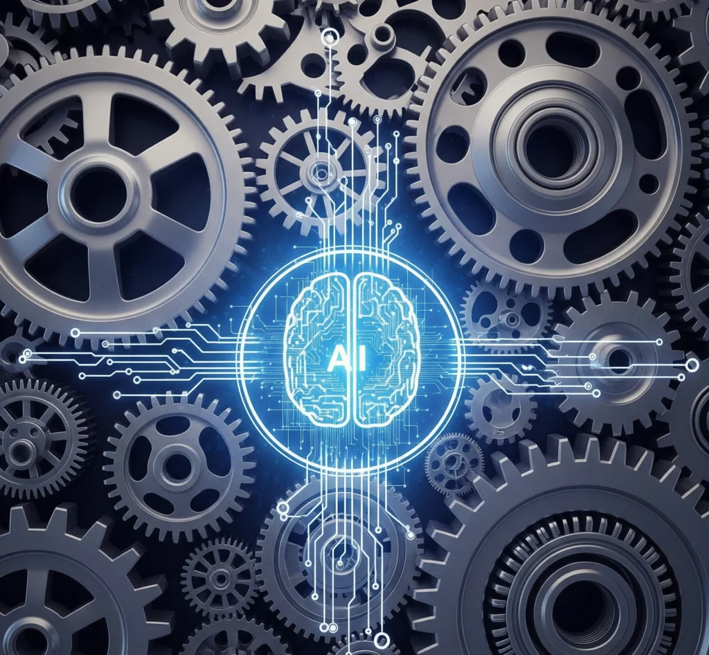 A metaphorical image of interconnected gears with a glowing central AI brain, symbolizing seamless integration and continuous motion leading to business growth and innovation.